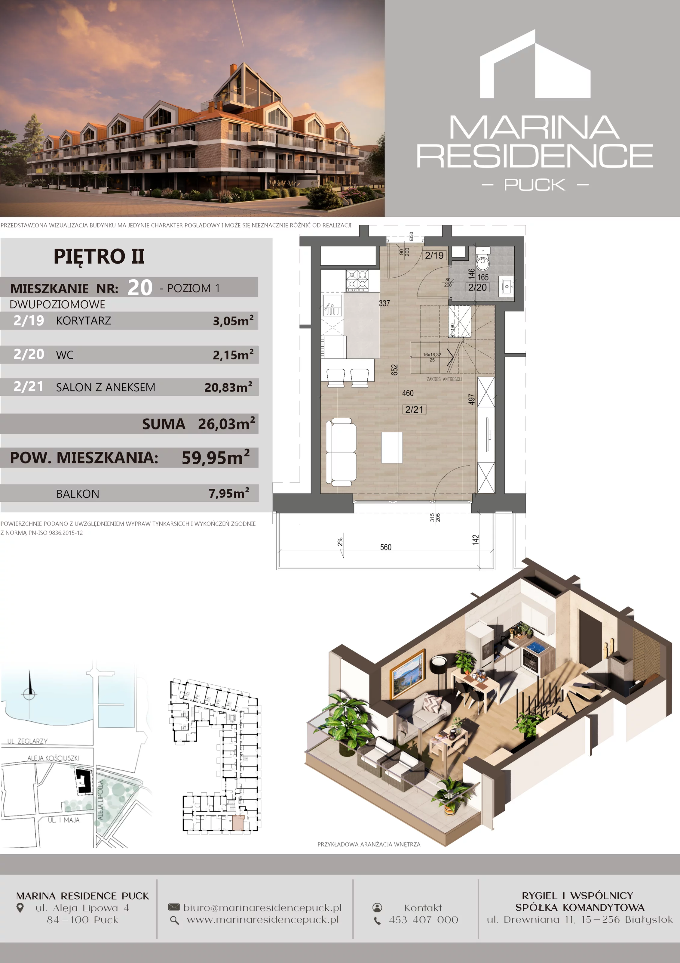 2 pokoje, apartament 59,95 m², piętro 2, oferta nr 20, Marina Residence Puck, Puck, ul. Aleja Lipowa 4