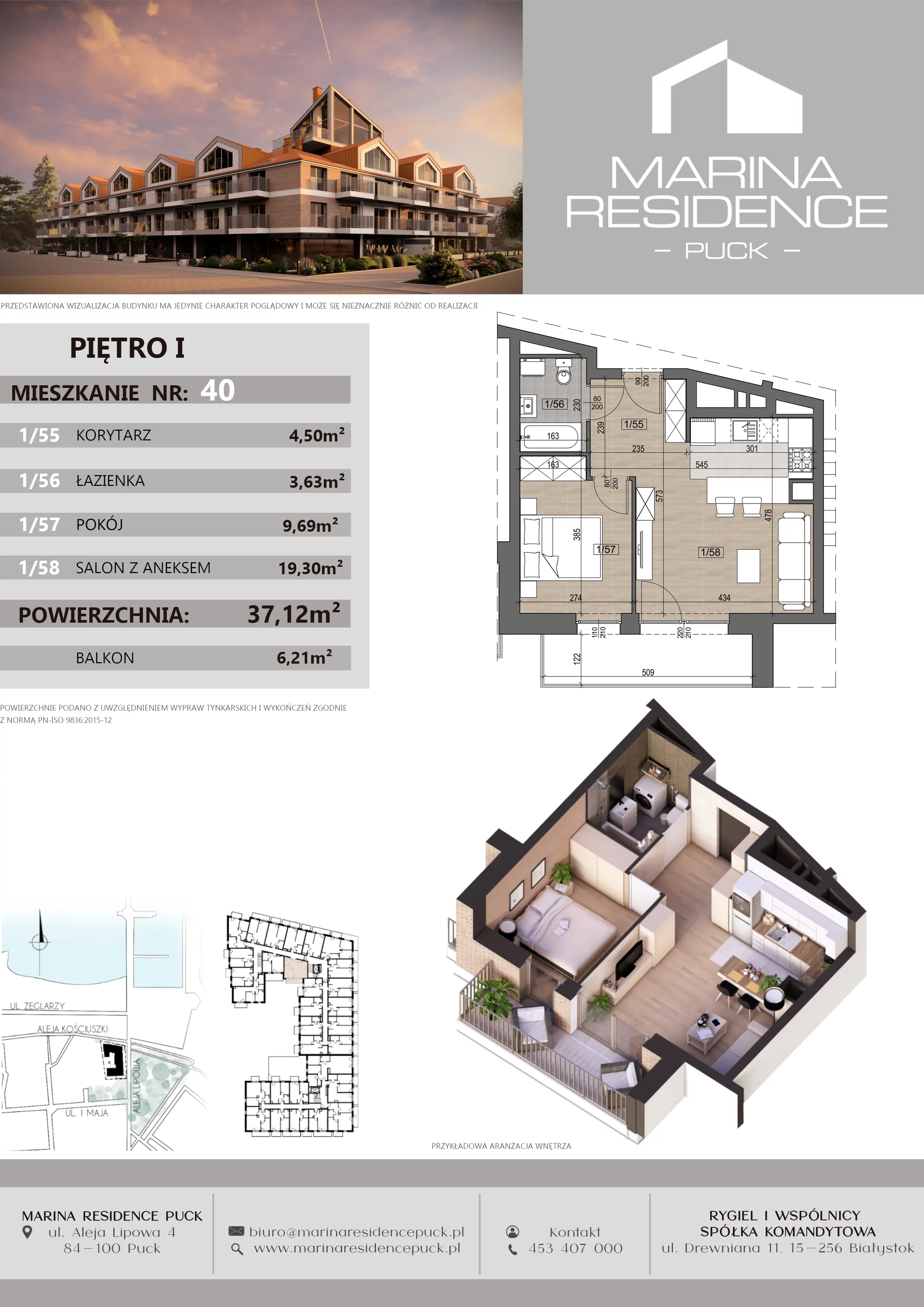 2 pokoje, apartament 37,12 m², piętro 1, oferta nr 40, Marina Residence Puck, Puck, ul. Aleja Lipowa 4