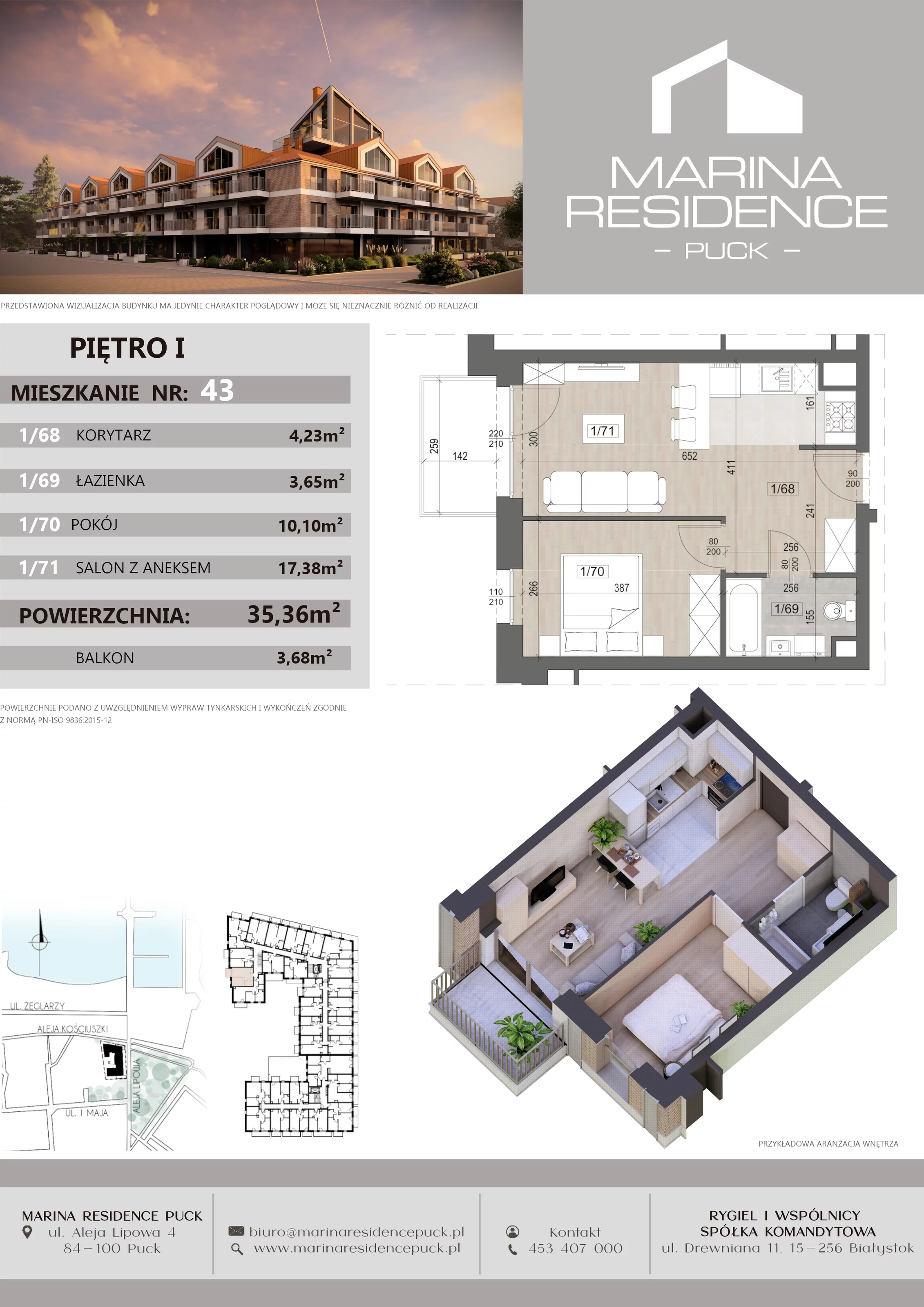 2 pokoje, apartament 35,36 m², piętro 1, oferta nr 43, Marina Residence Puck, Puck, ul. Aleja Lipowa 4