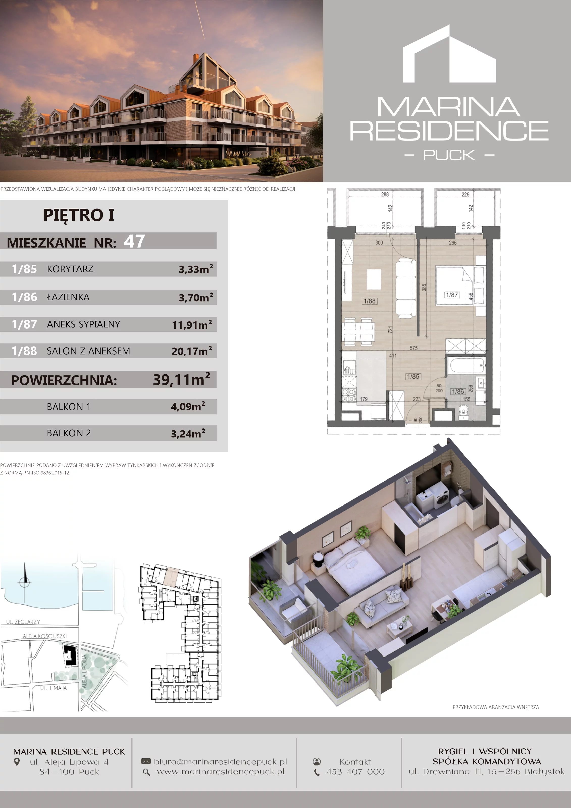 2 pokoje, apartament 39,11 m², piętro 1, oferta nr 47, Marina Residence Puck, Puck, ul. Aleja Lipowa 4