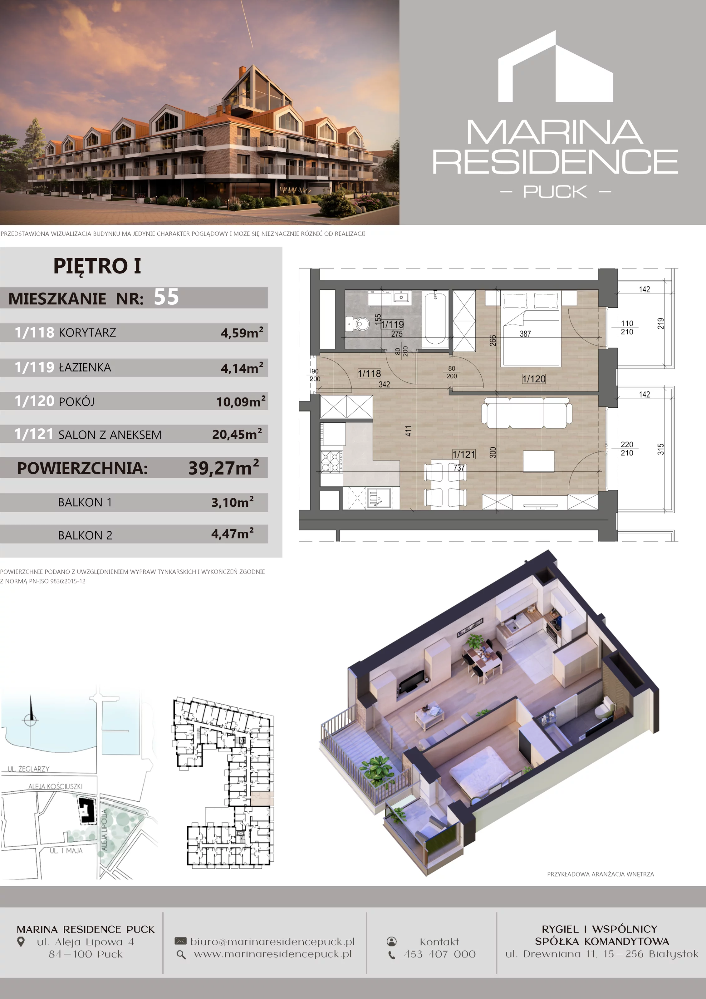 2 pokoje, apartament 39,27 m², piętro 1, oferta nr 55, Marina Residence Puck, Puck, ul. Aleja Lipowa 4
