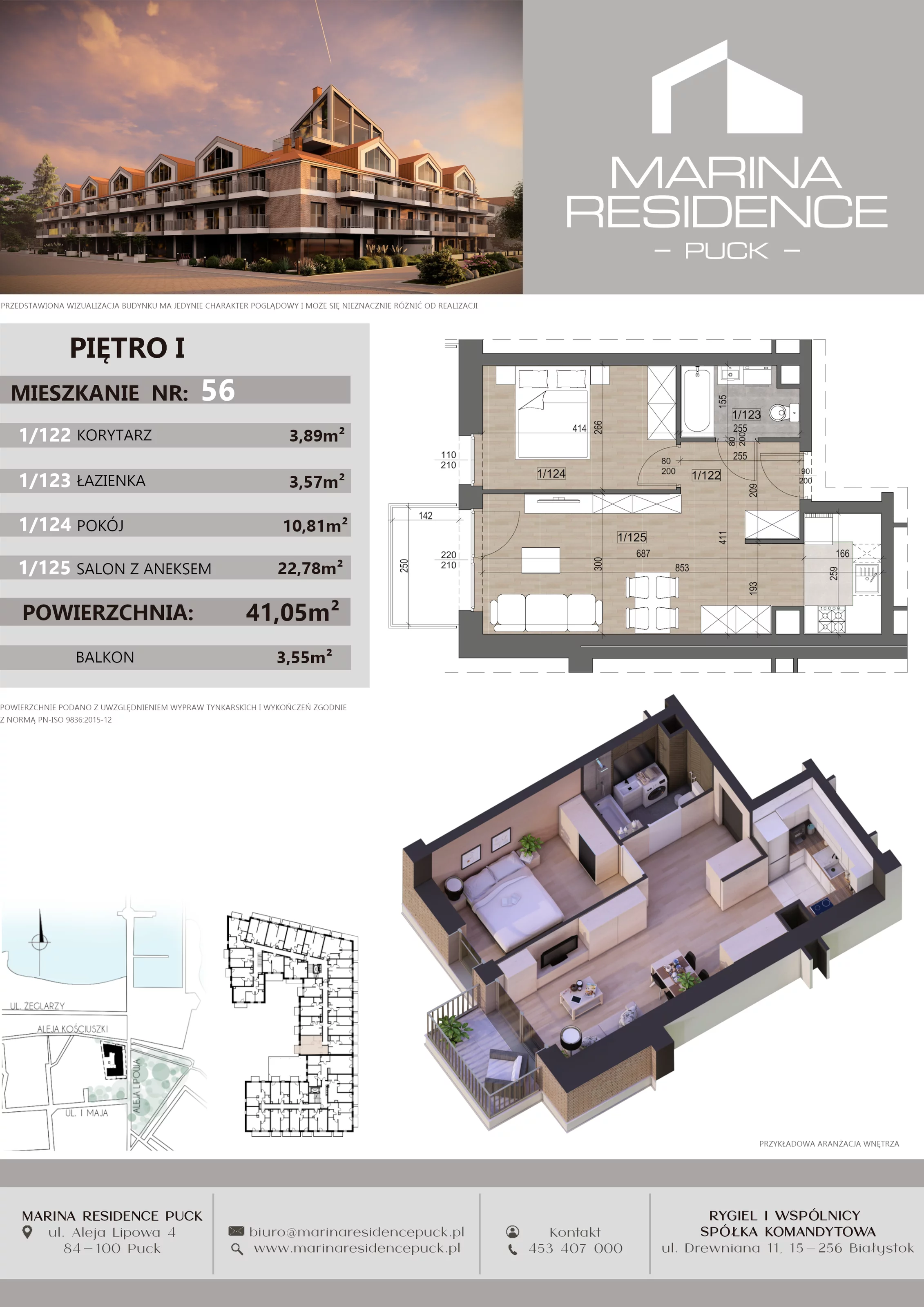 2 pokoje, apartament 41,05 m², piętro 1, oferta nr 56, Marina Residence Puck, Puck, ul. Aleja Lipowa 4