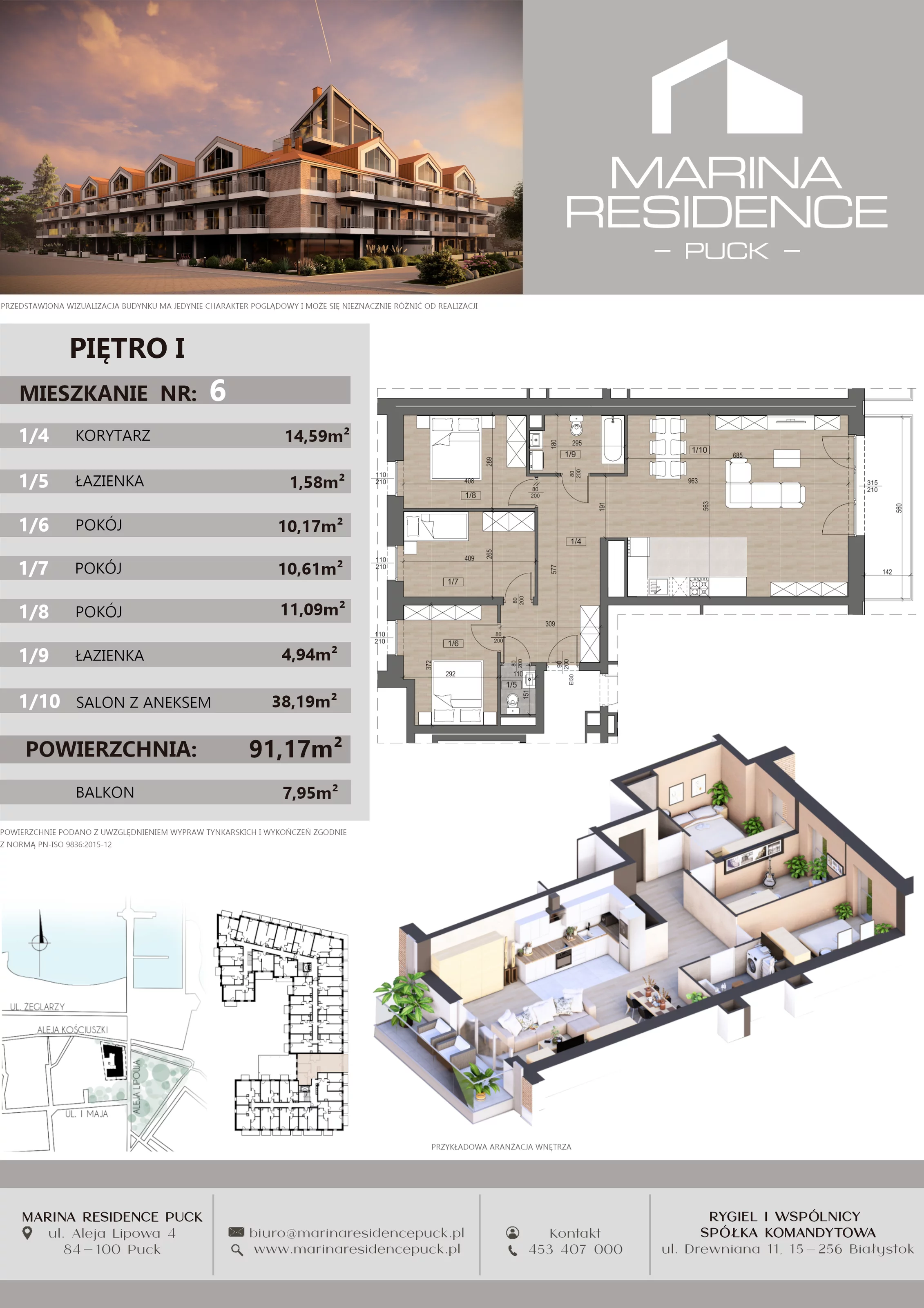 4 pokoje, apartament 91,17 m², piętro 1, oferta nr 6, Marina Residence Puck, Puck, ul. Aleja Lipowa 4