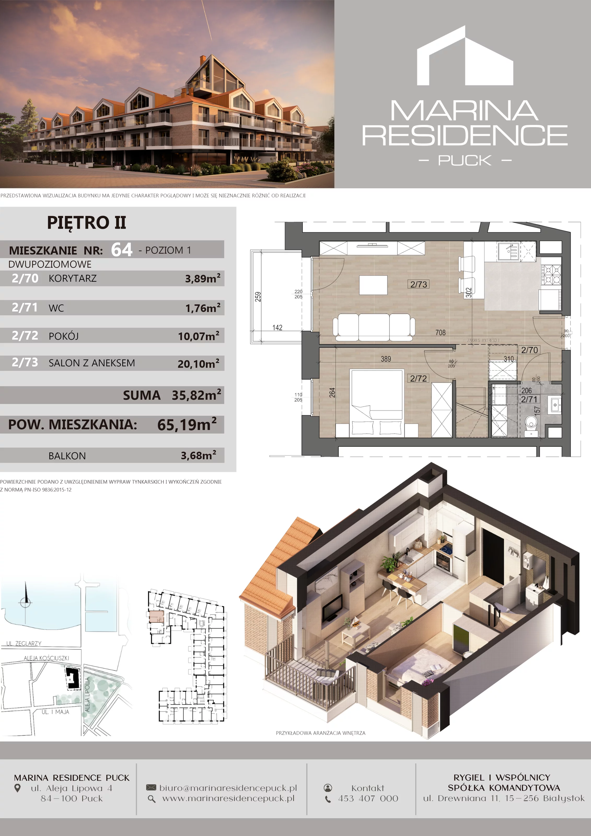 3 pokoje, apartament 65,19 m², piętro 2, oferta nr 64, Marina Residence Puck, Puck, ul. Aleja Lipowa 4