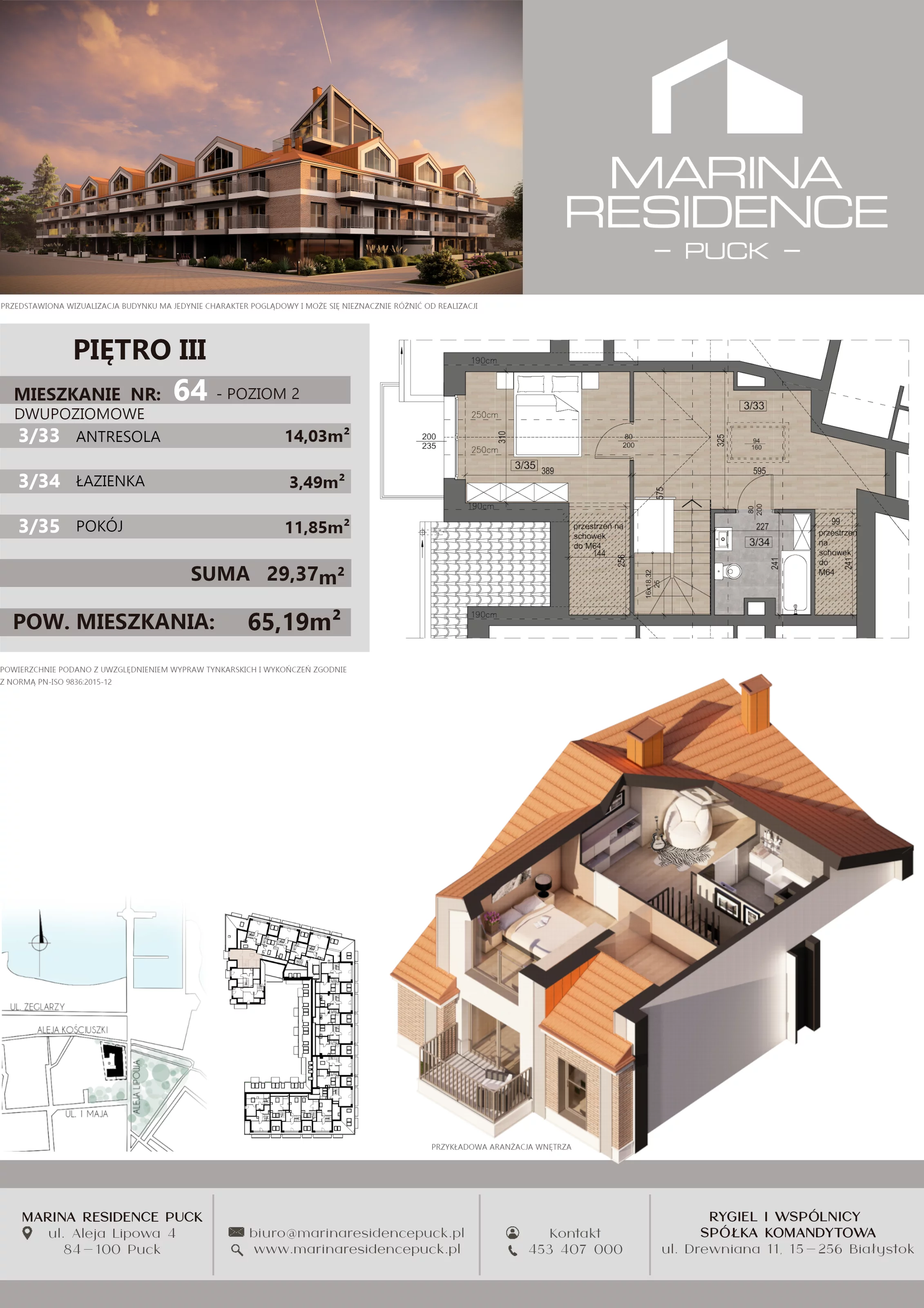 3 pokoje, apartament 65,19 m², piętro 2, oferta nr 64, Marina Residence Puck, Puck, ul. Aleja Lipowa 4