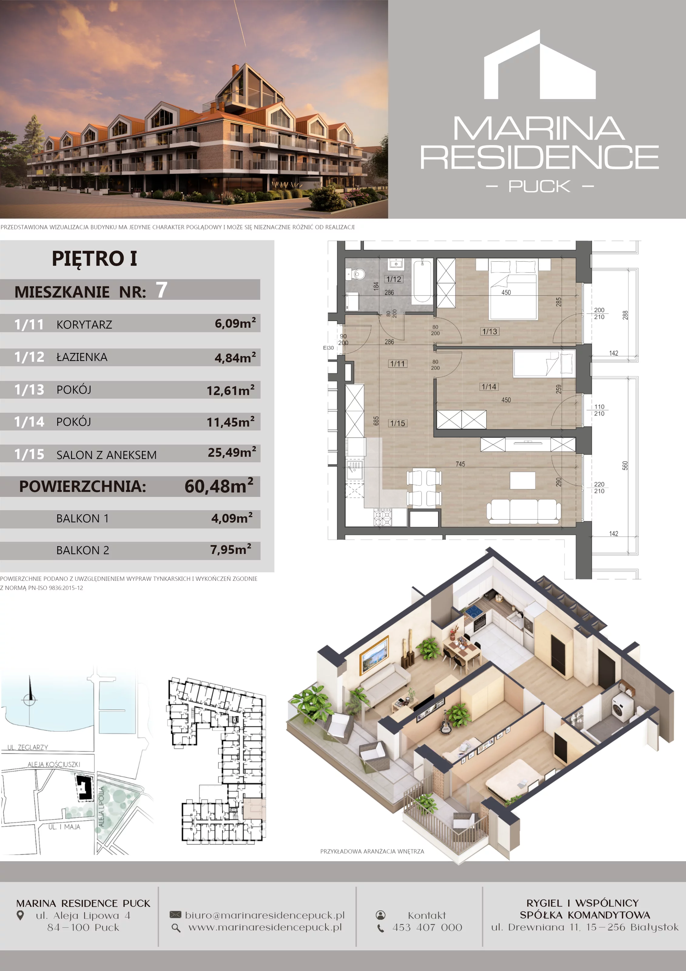3 pokoje, apartament 60,48 m², piętro 1, oferta nr 7, Marina Residence Puck, Puck, ul. Aleja Lipowa 4