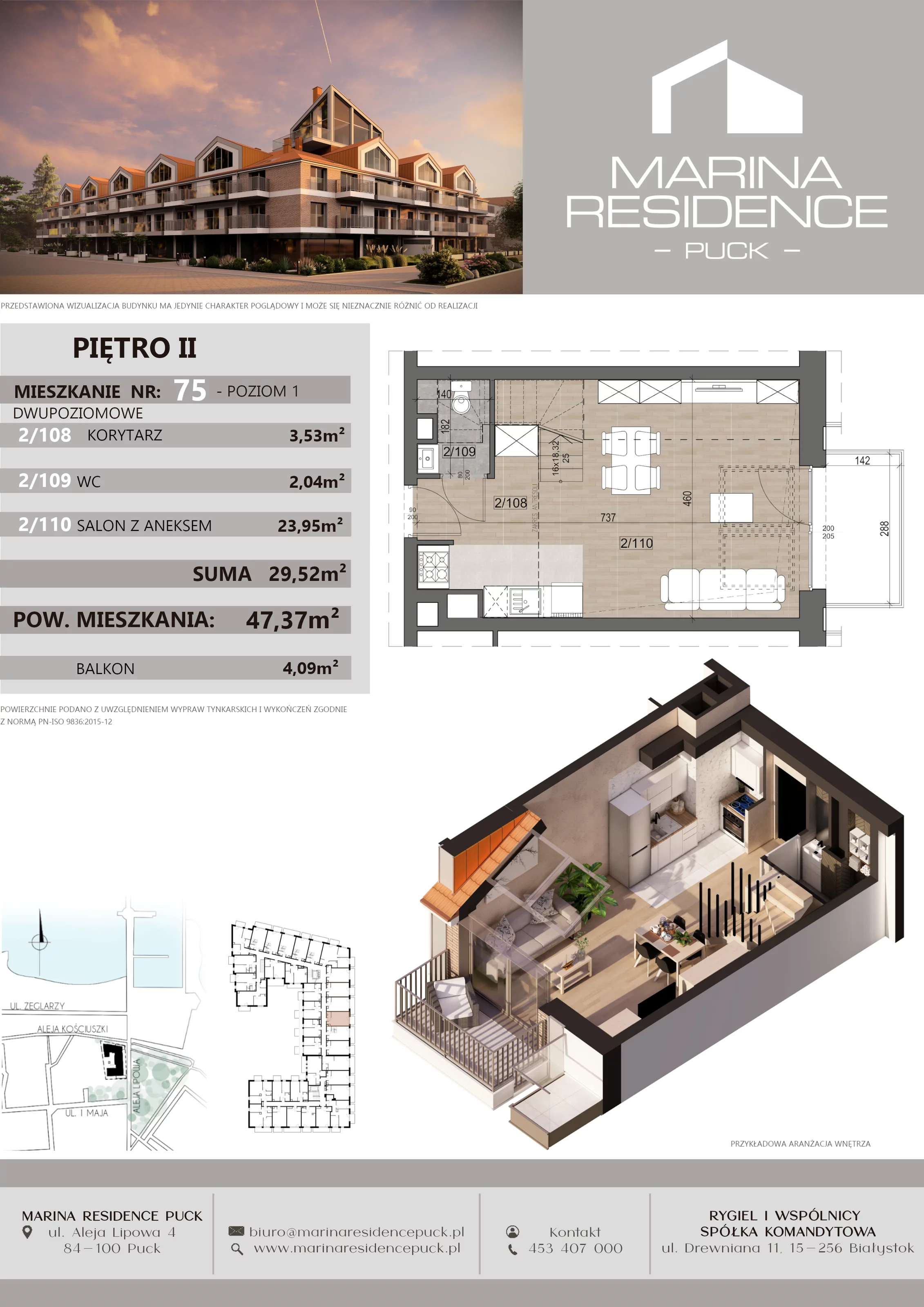 1 pokój, apartament 47,37 m², piętro 2, oferta nr 75, Marina Residence Puck, Puck, ul. Aleja Lipowa 4