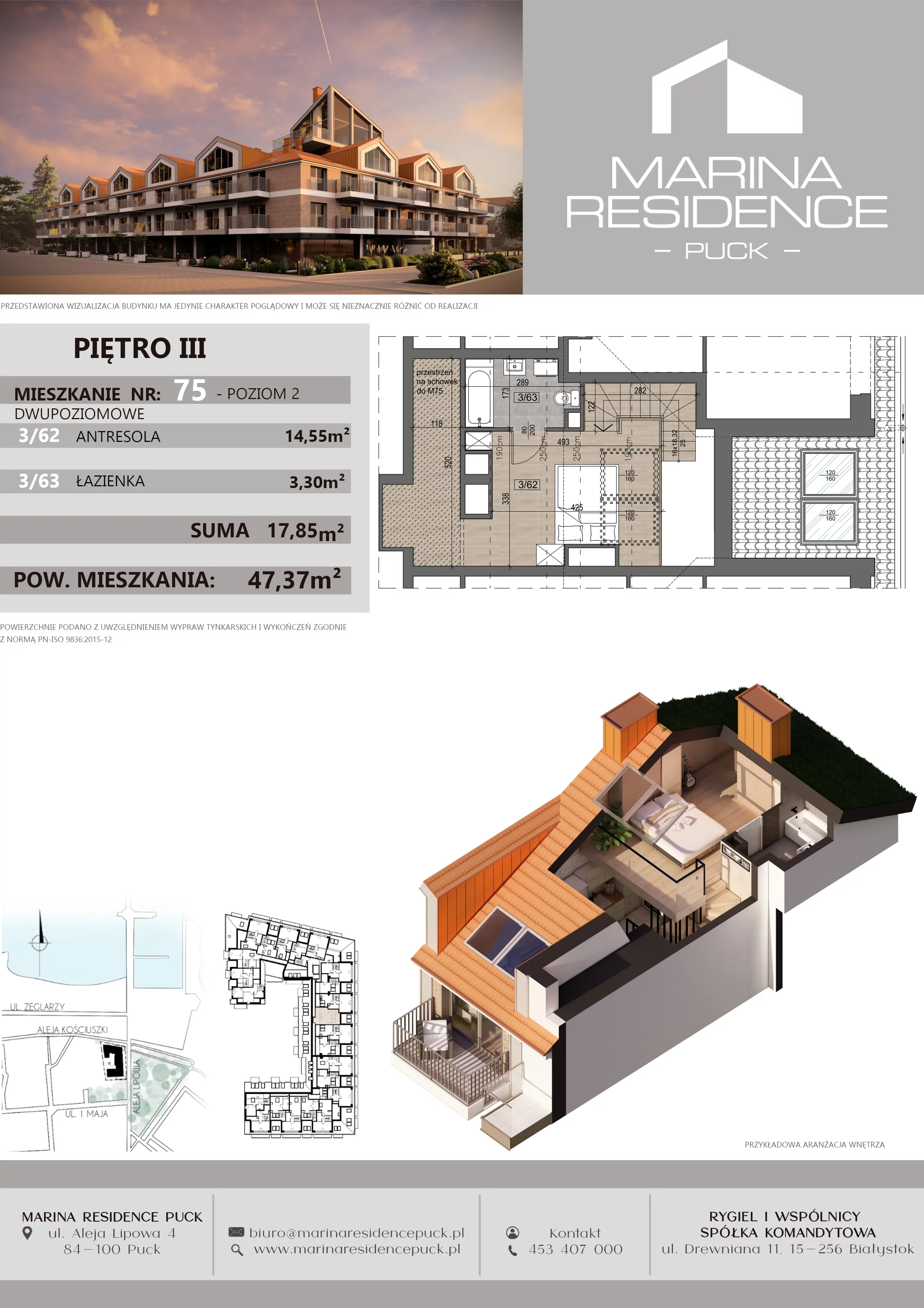 1 pokój, apartament 47,37 m², piętro 2, oferta nr 75, Marina Residence Puck, Puck, ul. Aleja Lipowa 4