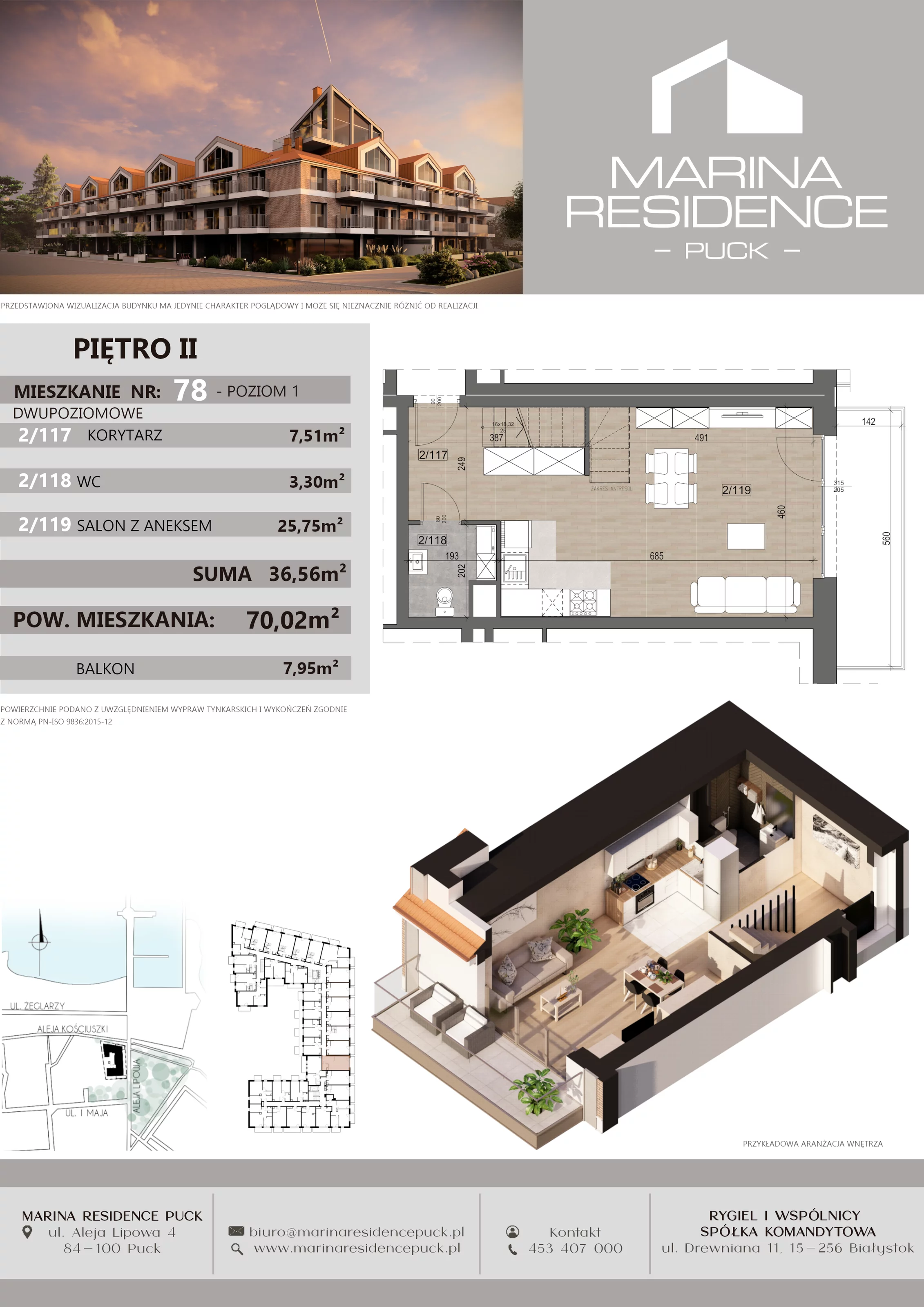3 pokoje, apartament 70,02 m², piętro 2, oferta nr 78, Marina Residence Puck, Puck, ul. Aleja Lipowa 4