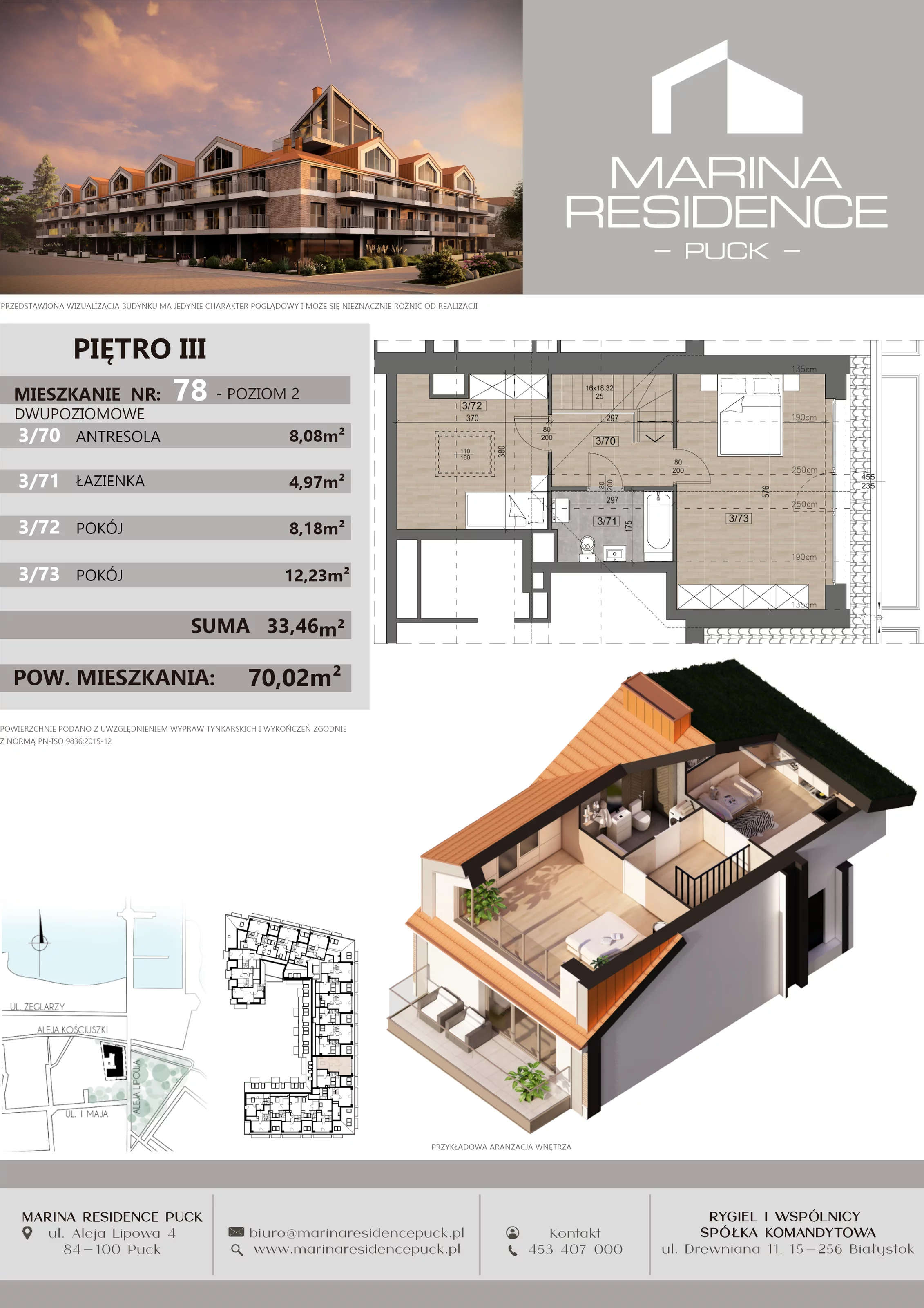 3 pokoje, apartament 70,02 m², piętro 2, oferta nr 78, Marina Residence Puck, Puck, ul. Aleja Lipowa 4