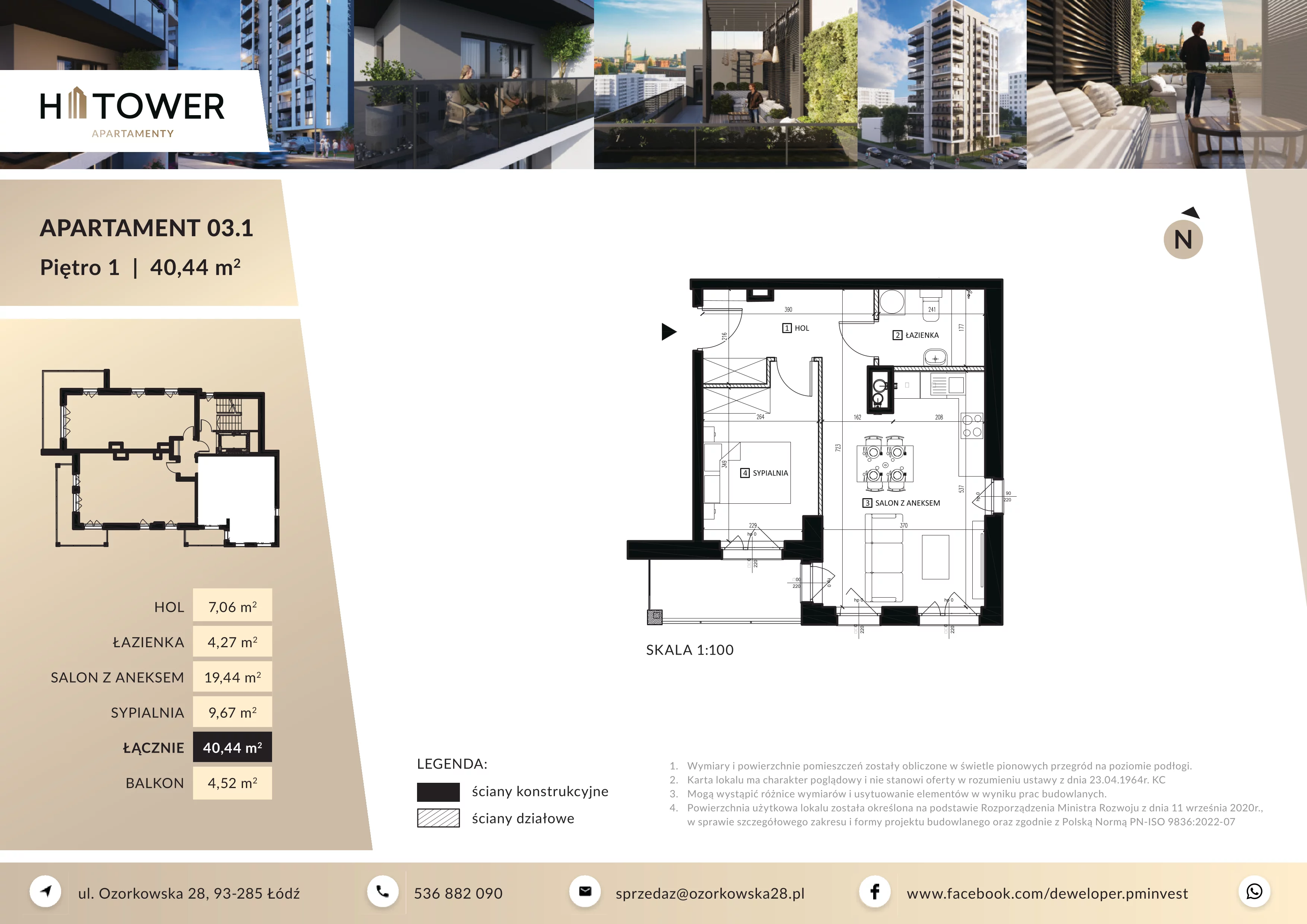 2 pokoje, mieszkanie 40,44 m², piętro 1, oferta nr M 03.1, HiTower Apartamenty, Łódź, Bałuty, ul. Ozorkowska 28