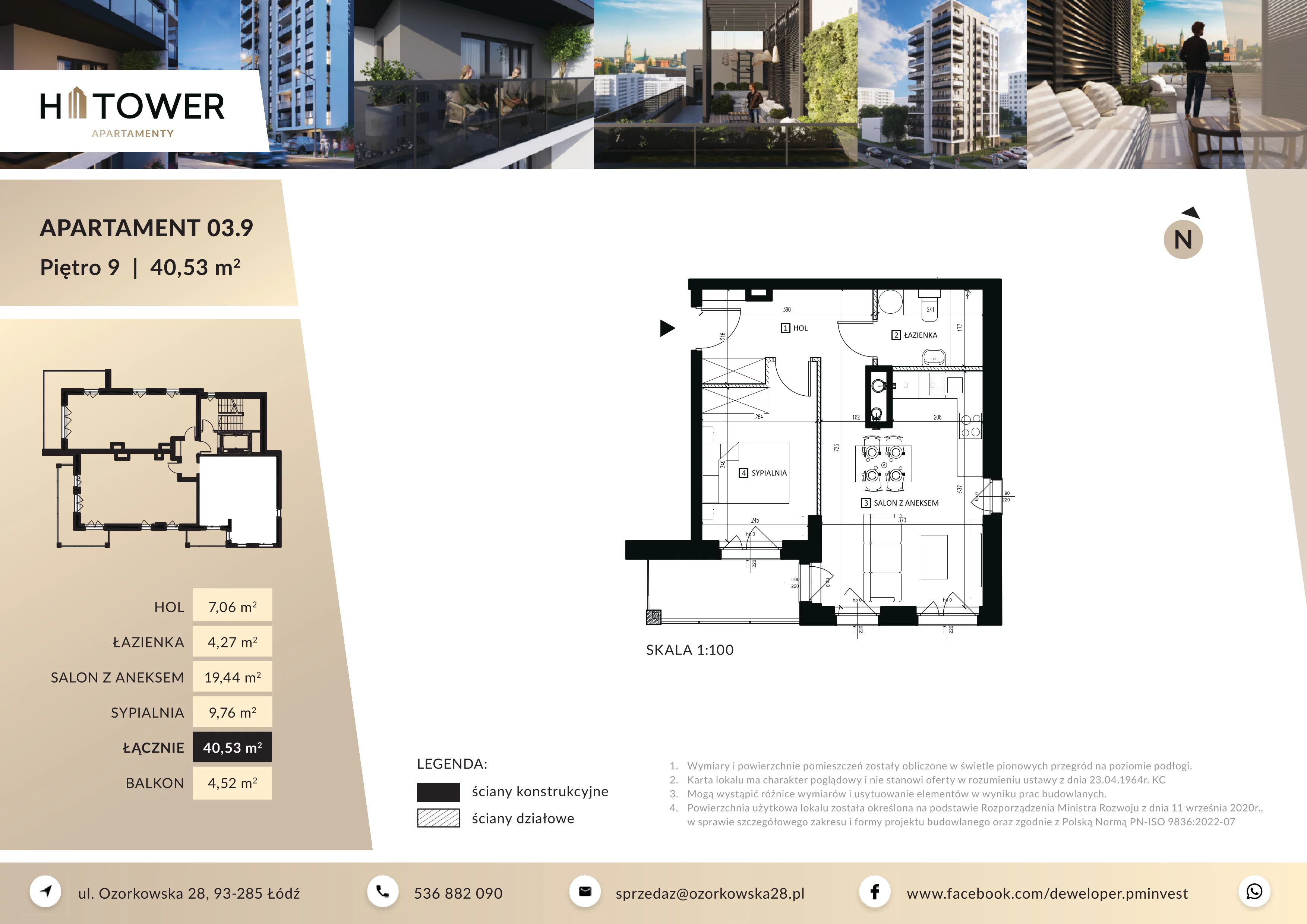 2 pokoje, mieszkanie 40,53 m², piętro 9, oferta nr M 03.09, HiTower Apartamenty, Łódź, Bałuty, ul. Ozorkowska 28