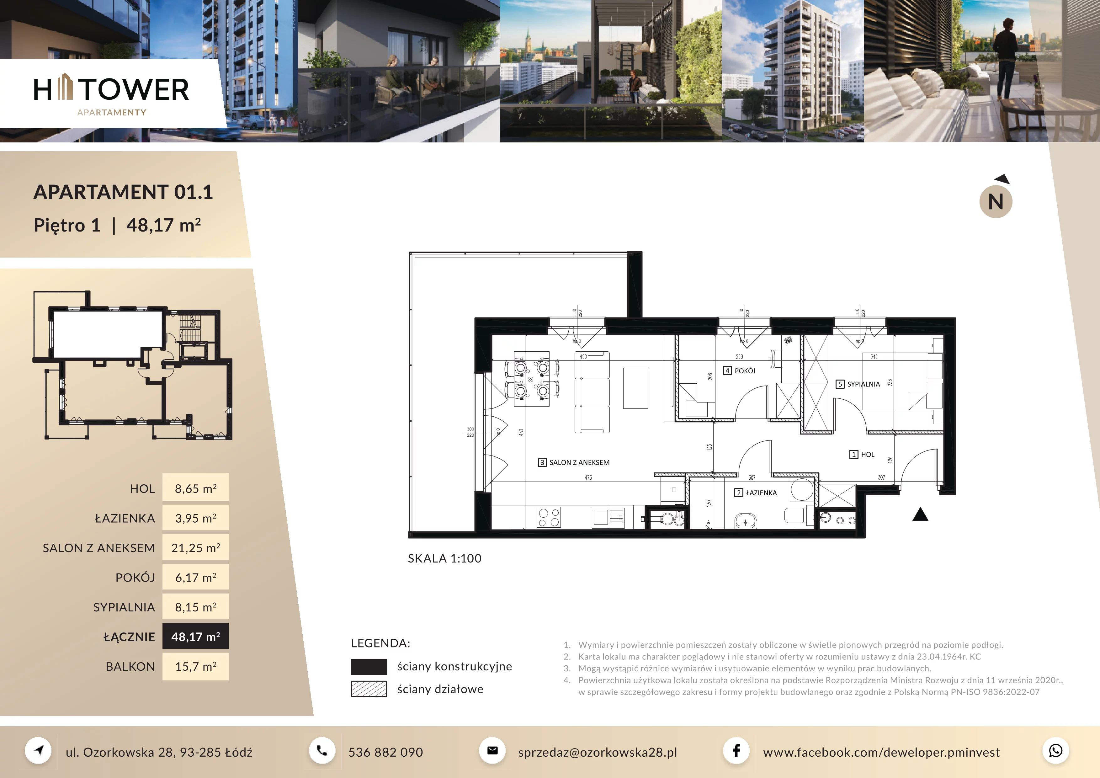 3 pokoje, mieszkanie 48,17 m², piętro 1, oferta nr M 01.1, HiTower Apartamenty, Łódź, Bałuty, ul. Ozorkowska 28