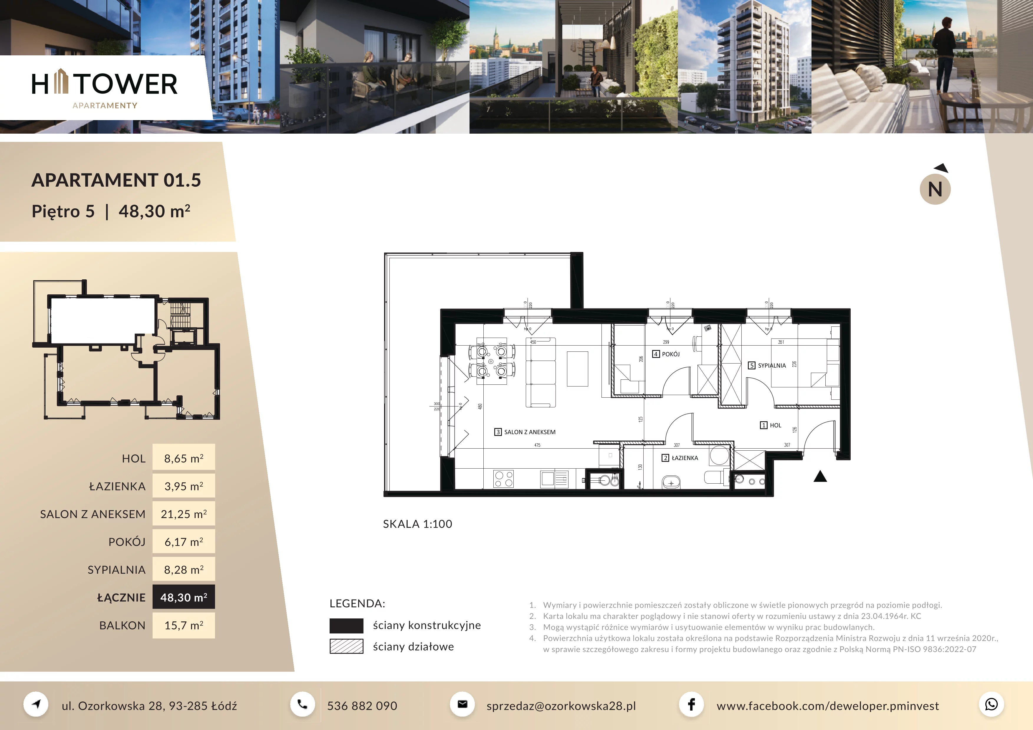 3 pokoje, mieszkanie 48,30 m², piętro 5, oferta nr M 01.5, HiTower Apartamenty, Łódź, Bałuty, ul. Ozorkowska 28