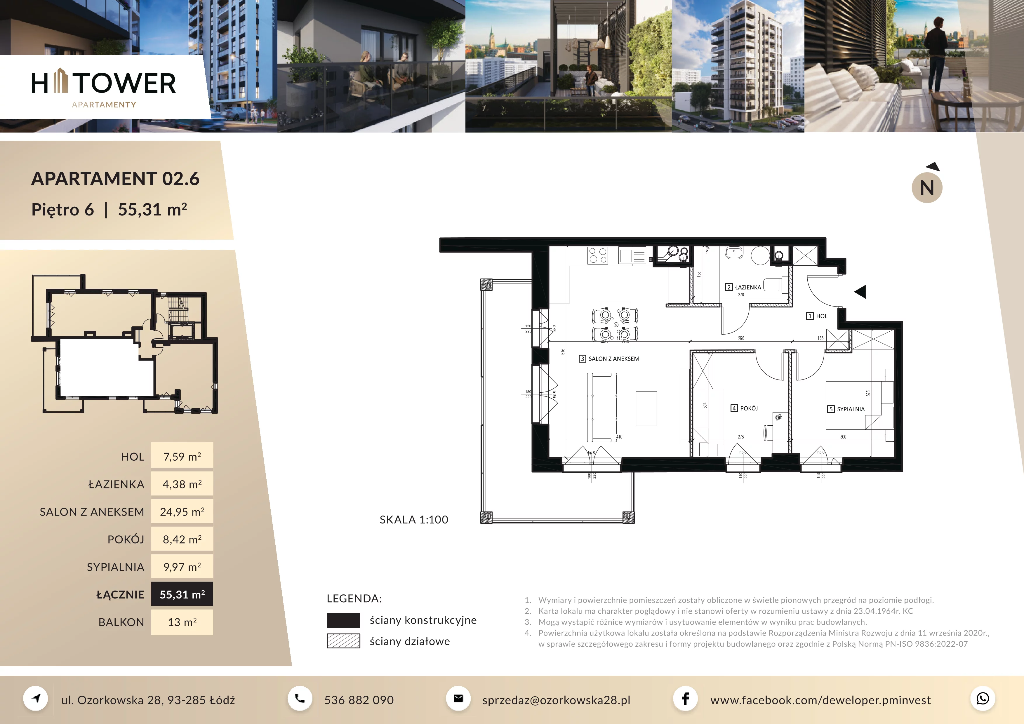 3 pokoje, mieszkanie 55,31 m², piętro 6, oferta nr M 02.6, HiTower Apartamenty, Łódź, Bałuty, ul. Ozorkowska 28