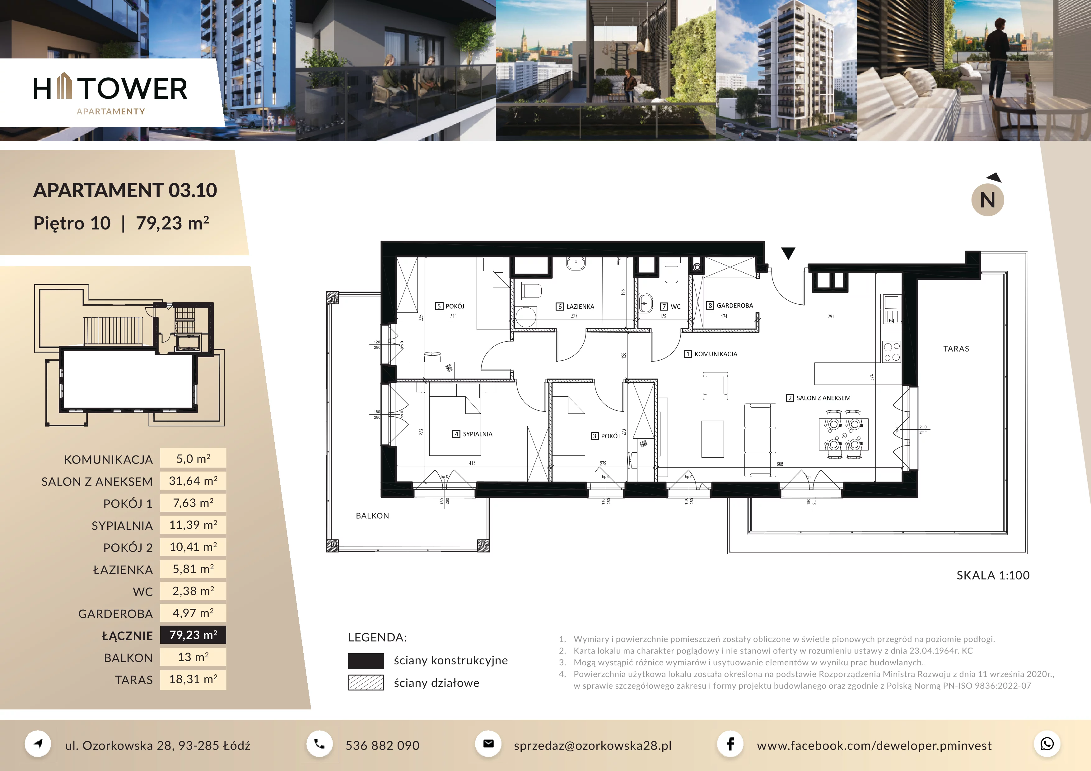 4 pokoje, mieszkanie 79,23 m², piętro 10, oferta nr M 03.10, HiTower Apartamenty, Łódź, Bałuty, ul. Ozorkowska 28