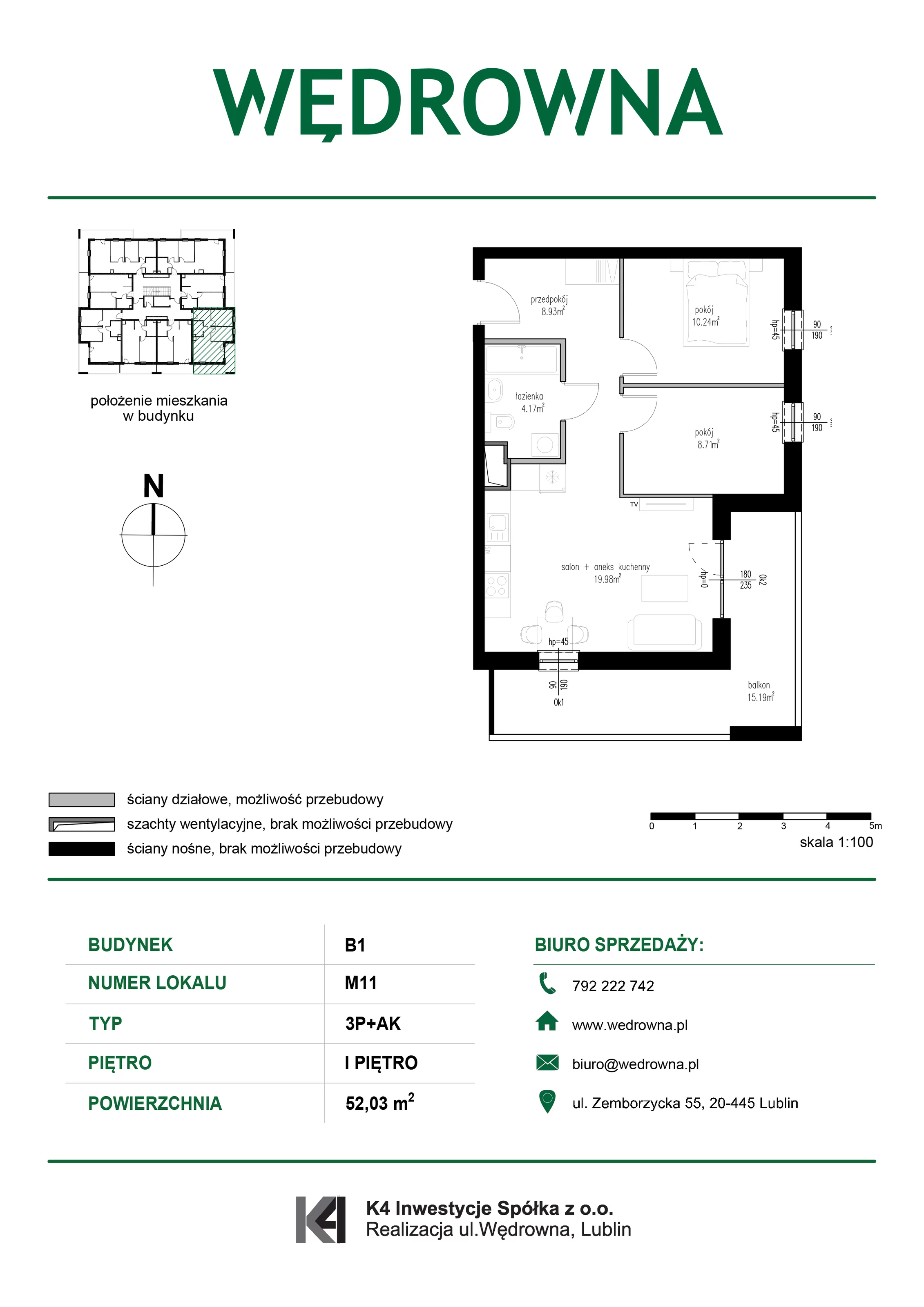 3 pokoje, mieszkanie 52,03 m², piętro 1, oferta nr M11, Osiedle Wędrowna, Lublin, Sławin, ul. Wędrowna