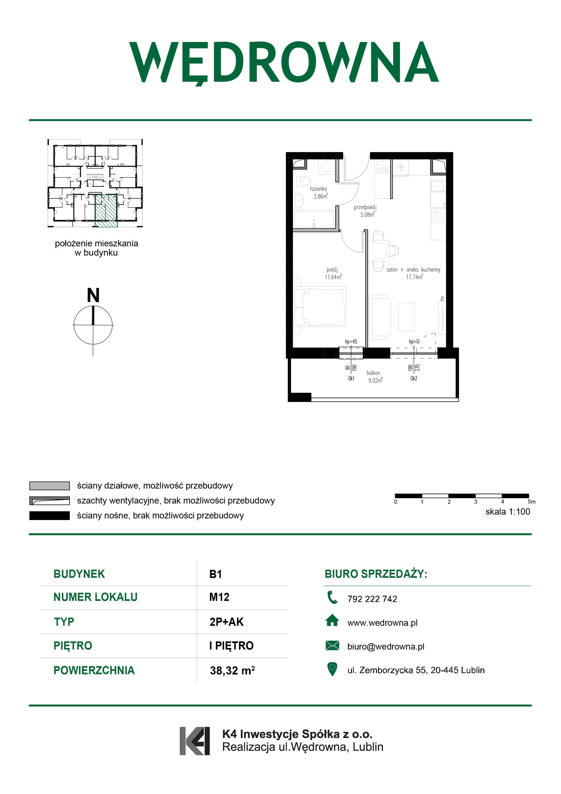2 pokoje, mieszkanie 38,32 m², piętro 1, oferta nr M12, Osiedle Wędrowna, Lublin, Sławin, ul. Wędrowna