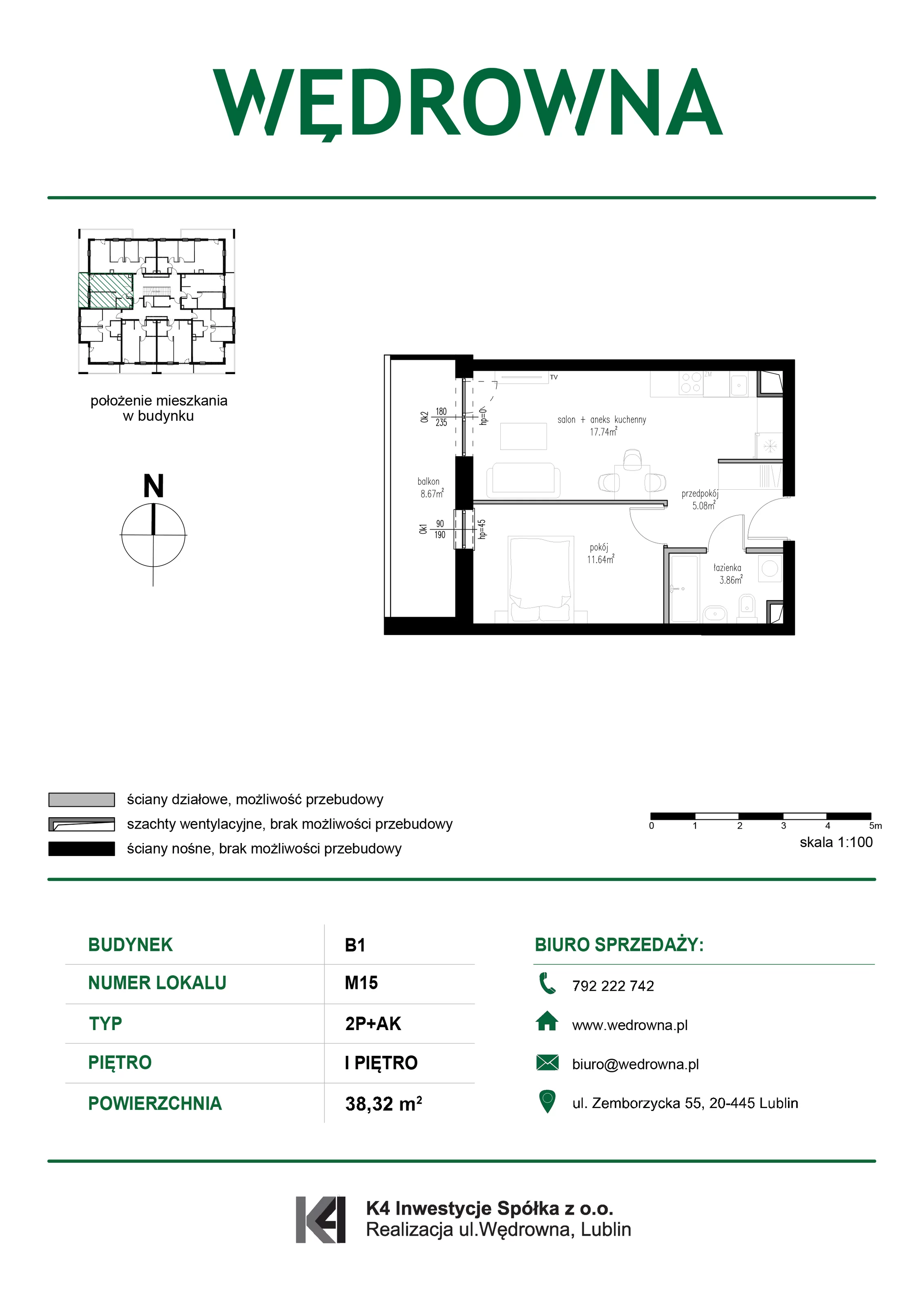 2 pokoje, mieszkanie 38,32 m², piętro 1, oferta nr M15, Osiedle Wędrowna, Lublin, Sławin, ul. Wędrowna