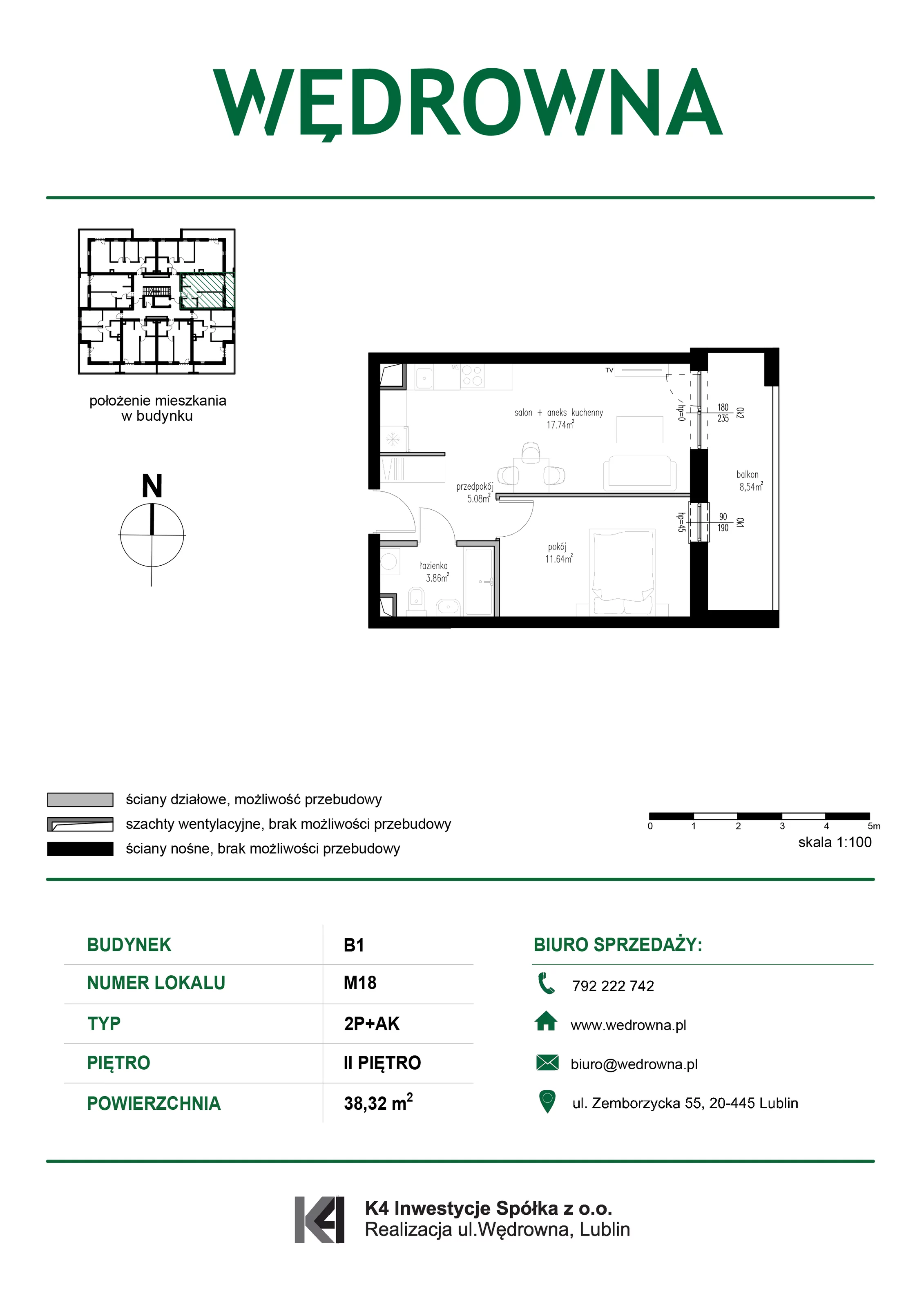 2 pokoje, mieszkanie 38,32 m², piętro 2, oferta nr M18, Osiedle Wędrowna, Lublin, Sławin, ul. Wędrowna