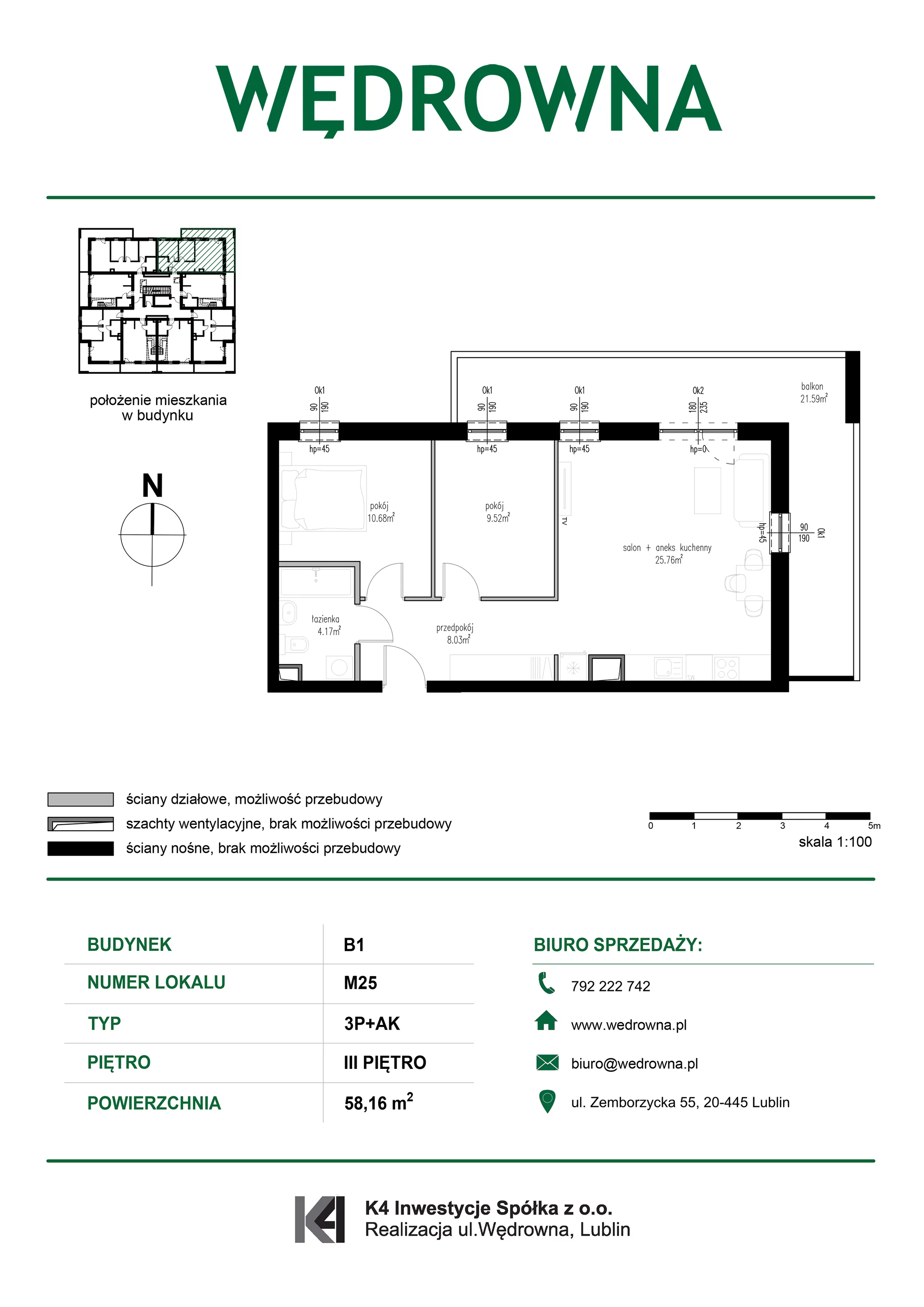 3 pokoje, mieszkanie 58,16 m², piętro 3, oferta nr M25, Osiedle Wędrowna, Lublin, Sławin, ul. Wędrowna
