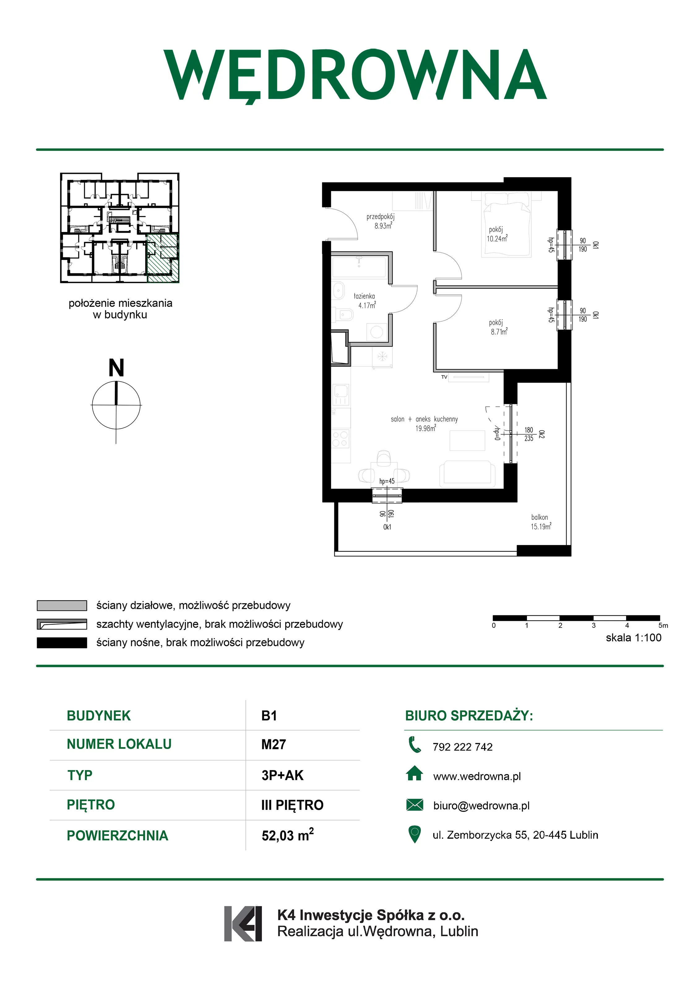 3 pokoje, mieszkanie 52,03 m², piętro 3, oferta nr M27, Osiedle Wędrowna, Lublin, Sławin, ul. Wędrowna