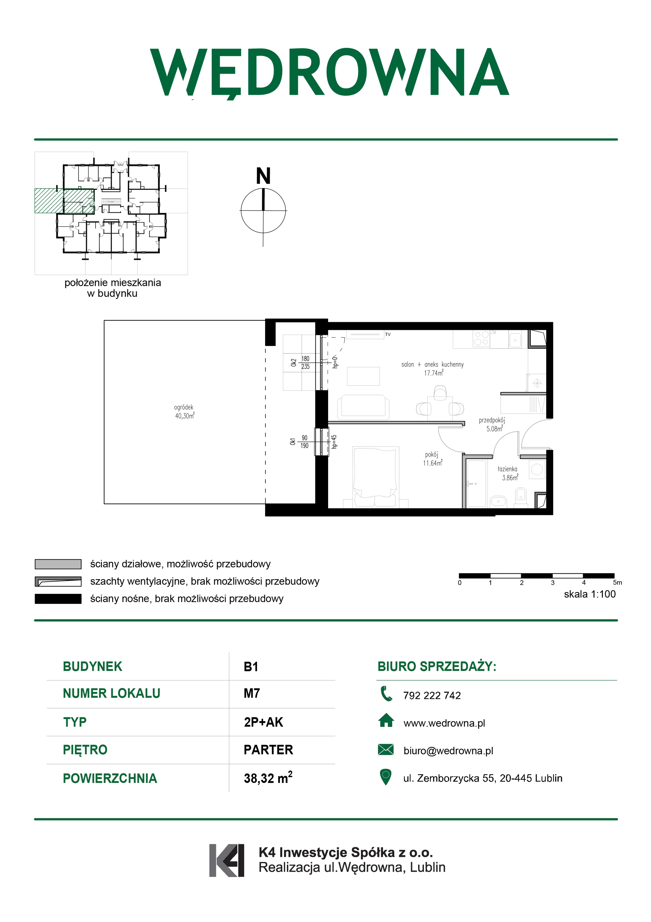 2 pokoje, mieszkanie 38,32 m², parter, oferta nr M7, Osiedle Wędrowna, Lublin, Sławin, ul. Wędrowna