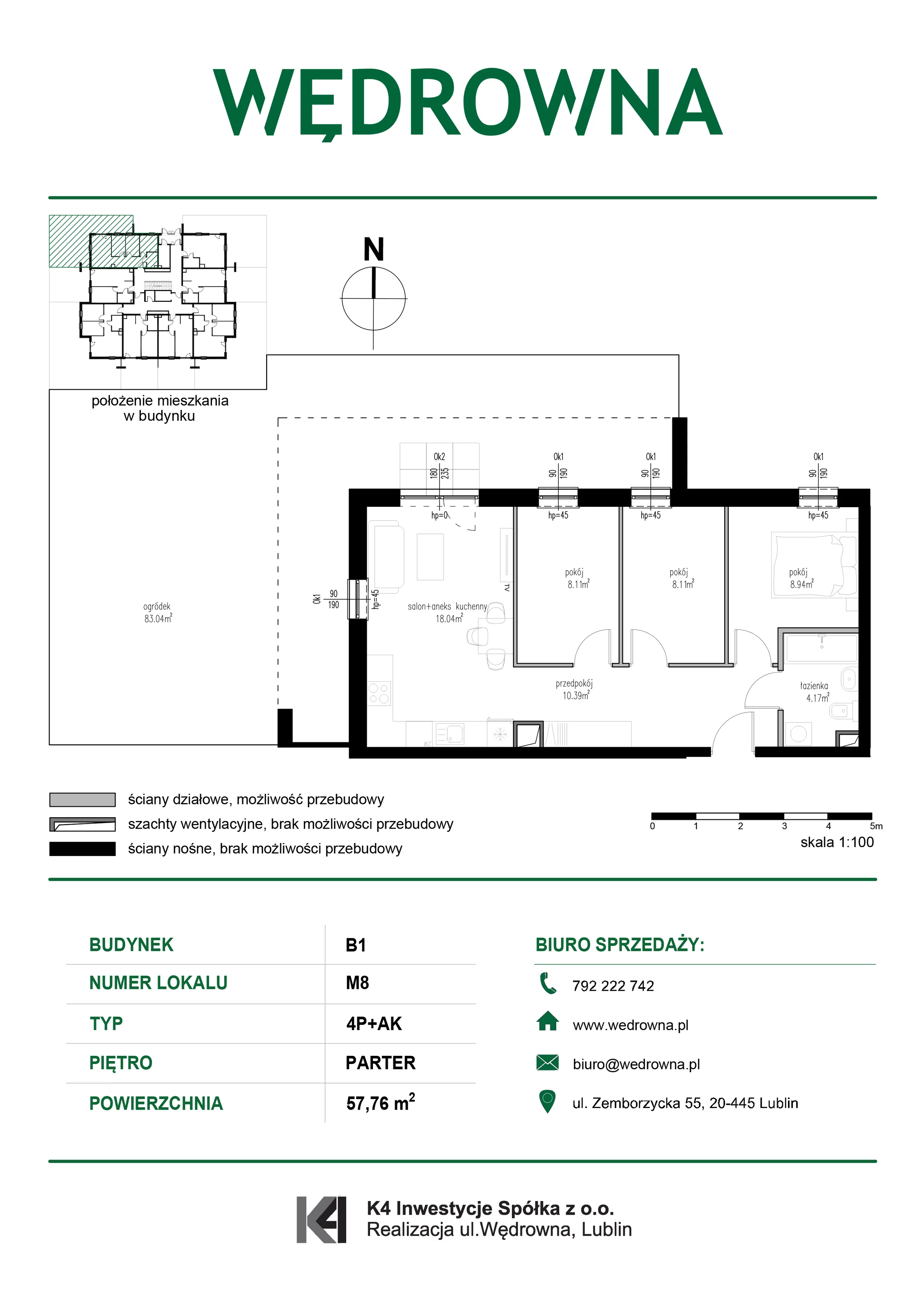 4 pokoje, mieszkanie 57,76 m², parter, oferta nr M8, Osiedle Wędrowna, Lublin, Sławin, ul. Wędrowna