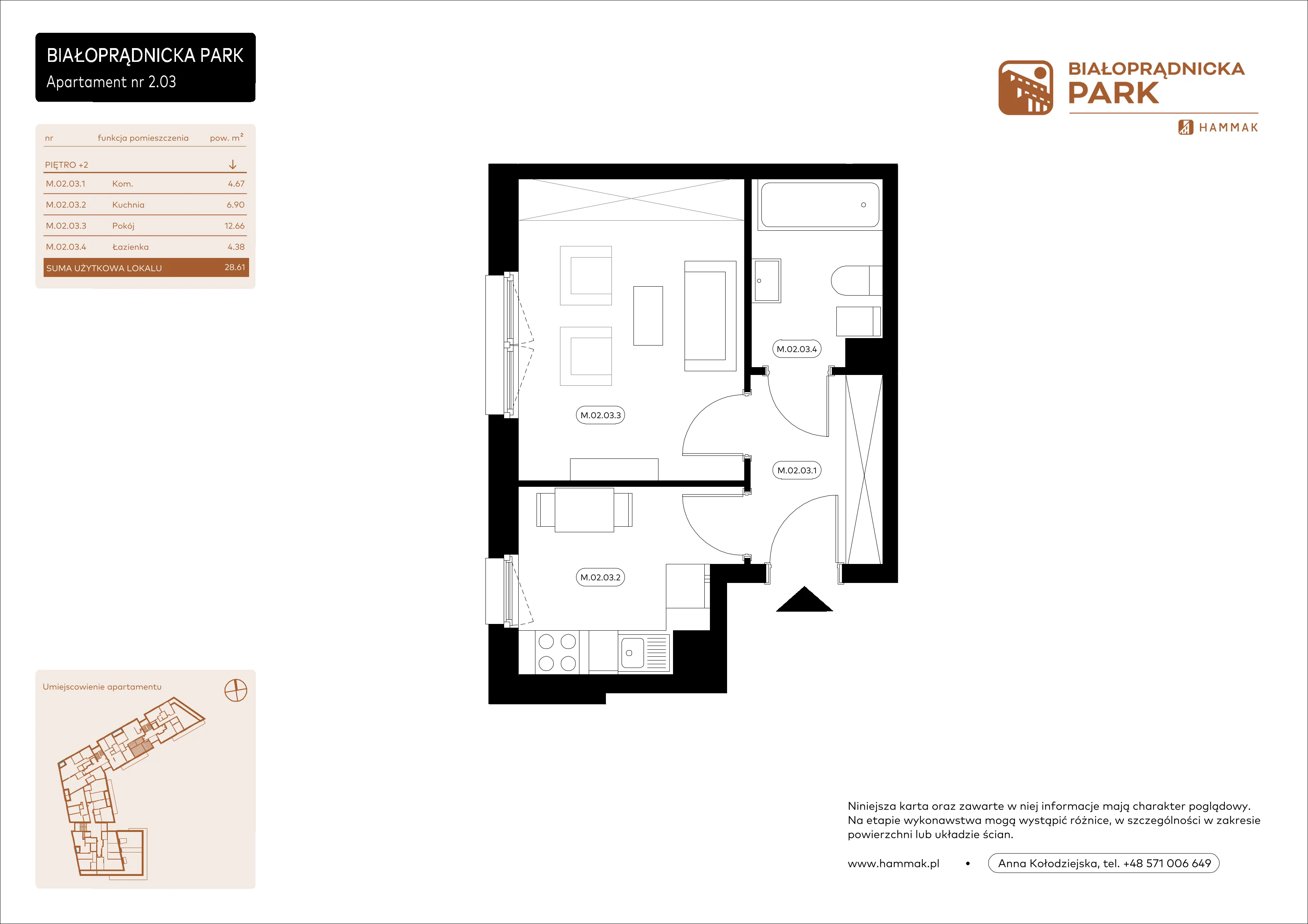 1 pokój, mieszkanie 28,61 m², piętro 2, oferta nr 2.03, Białoprądnicka Park, Kraków, Prądnik Biały, ul. Białoprądnicka 5