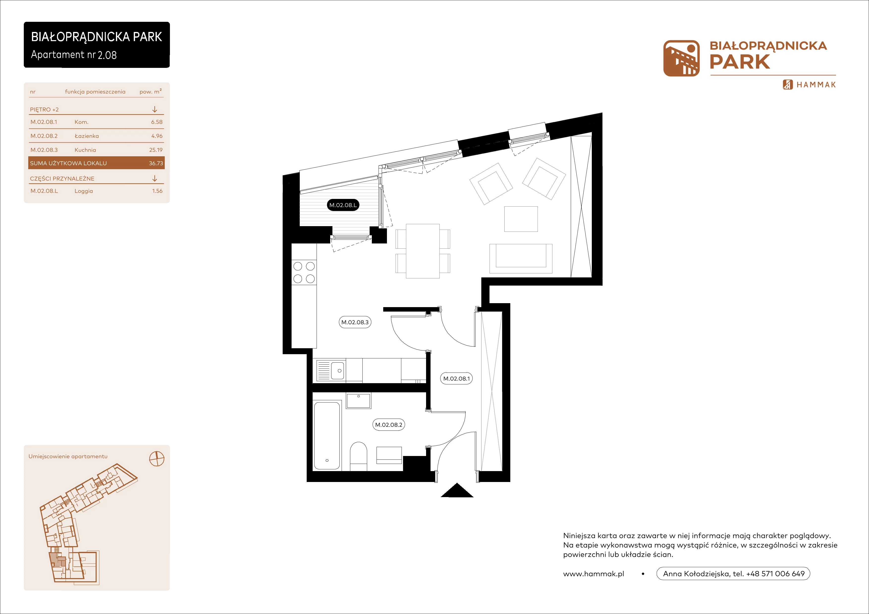 1 pokój, mieszkanie 36,73 m², piętro 2, oferta nr 2.08, Białoprądnicka Park, Kraków, Prądnik Biały, ul. Białoprądnicka 5
