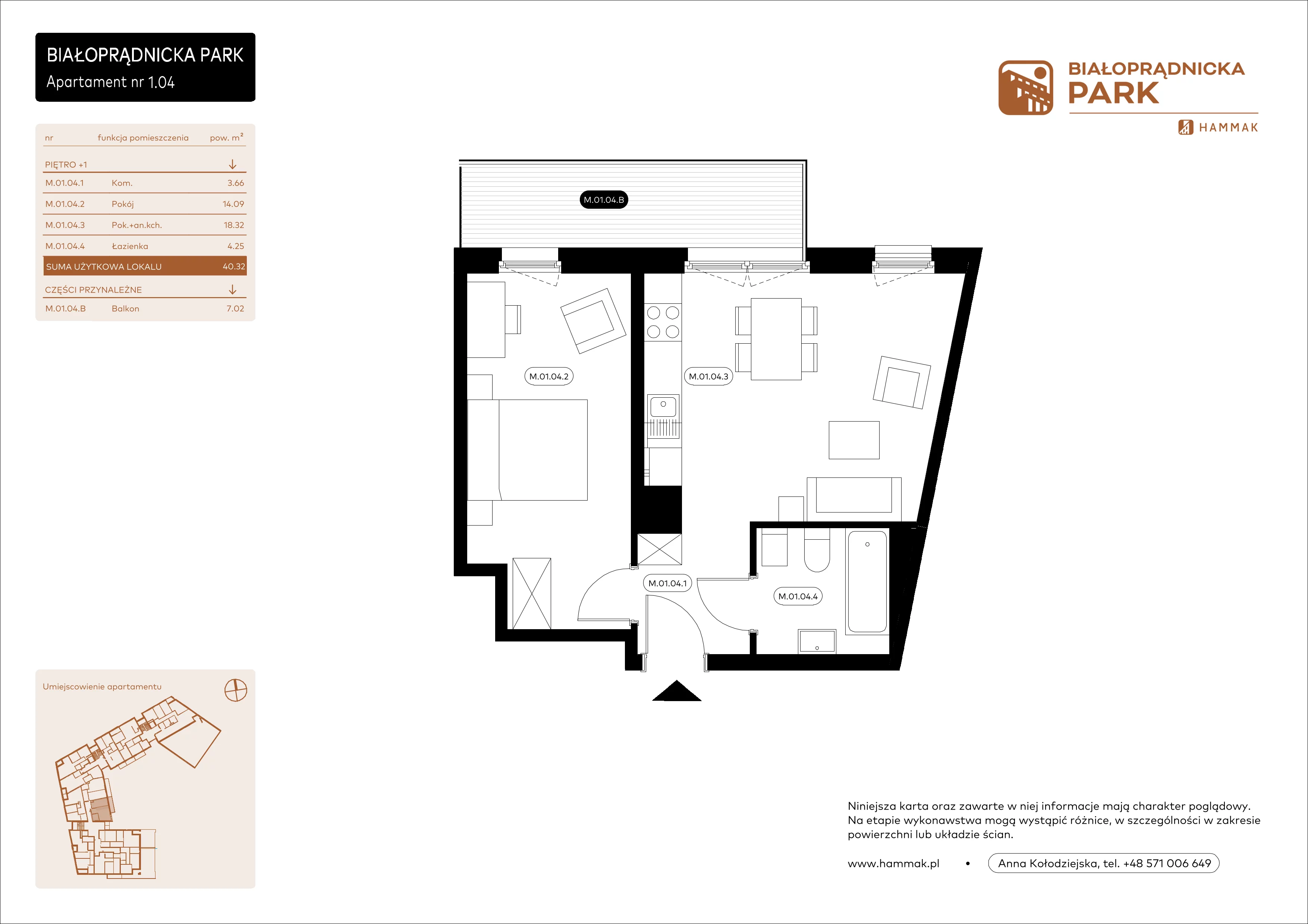2 pokoje, mieszkanie 40,32 m², piętro 1, oferta nr 1.04, Białoprądnicka Park, Kraków, Prądnik Biały, ul. Białoprądnicka 5