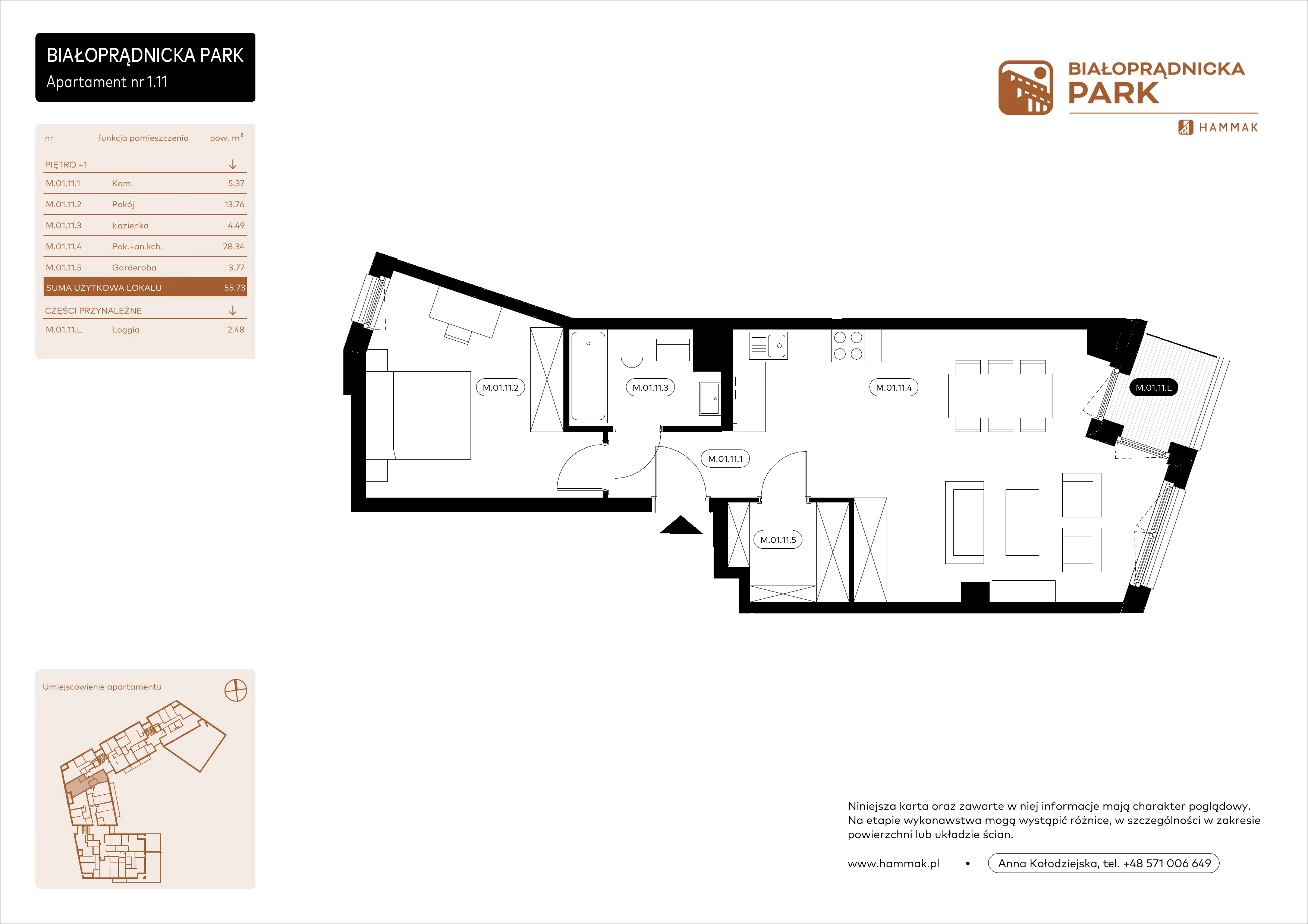 2 pokoje, mieszkanie 55,73 m², piętro 1, oferta nr 1.11, Białoprądnicka Park, Kraków, Prądnik Biały, ul. Białoprądnicka 5