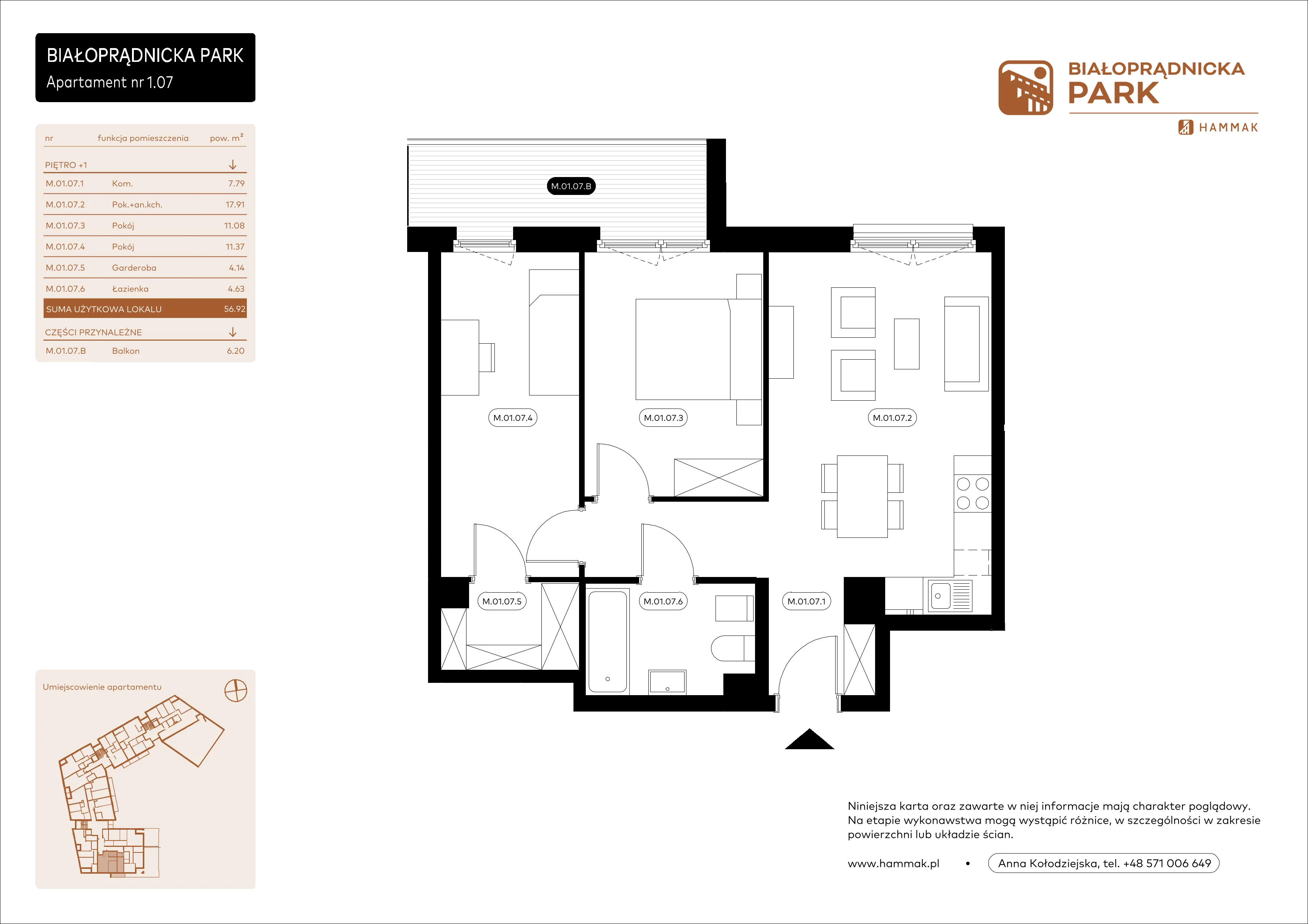 3 pokoje, mieszkanie 56,92 m², piętro 1, oferta nr 1.07, Białoprądnicka Park, Kraków, Prądnik Biały, ul. Białoprądnicka 5