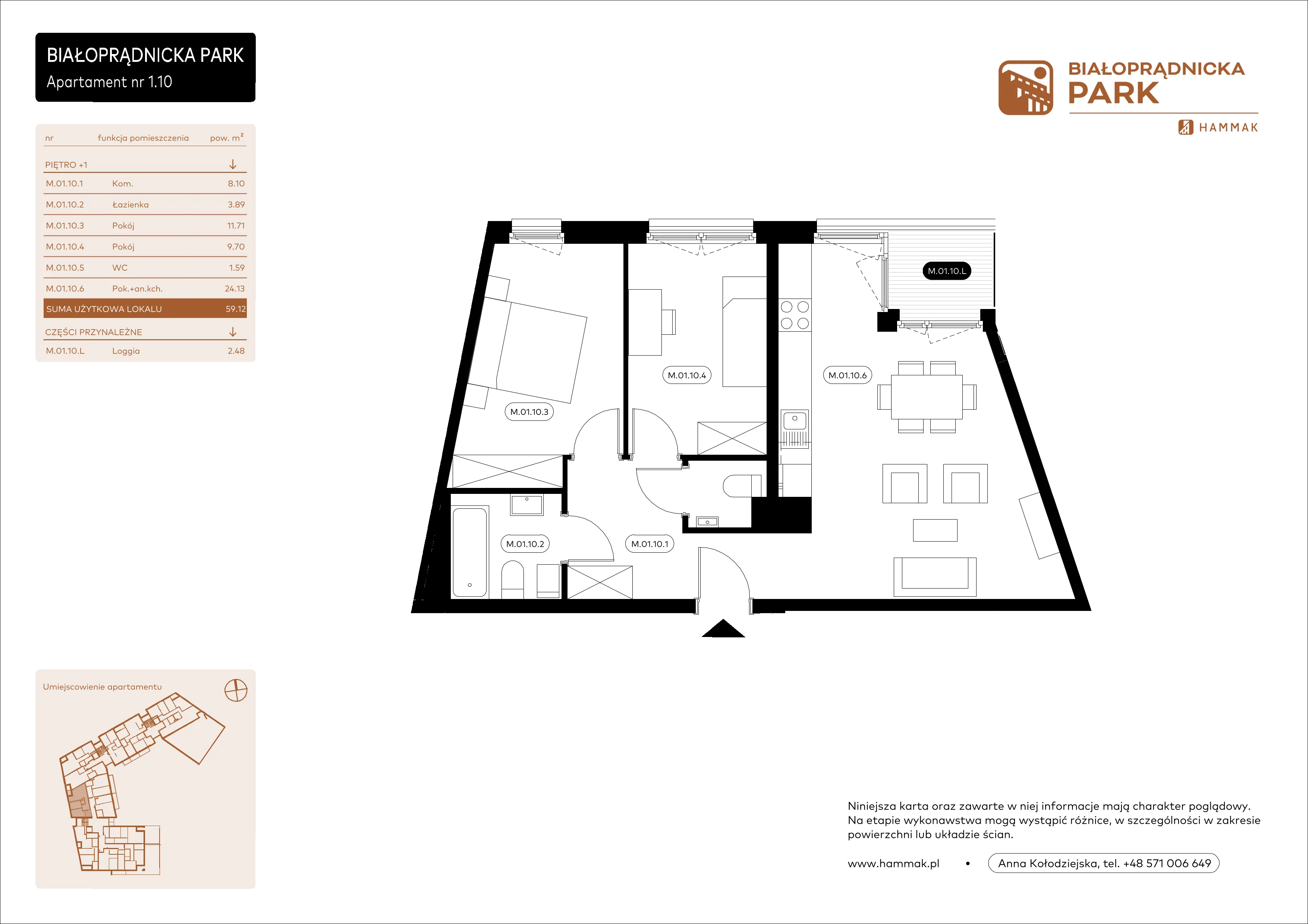 3 pokoje, mieszkanie 59,12 m², piętro 1, oferta nr 1.10, Białoprądnicka Park, Kraków, Prądnik Biały, ul. Białoprądnicka 5