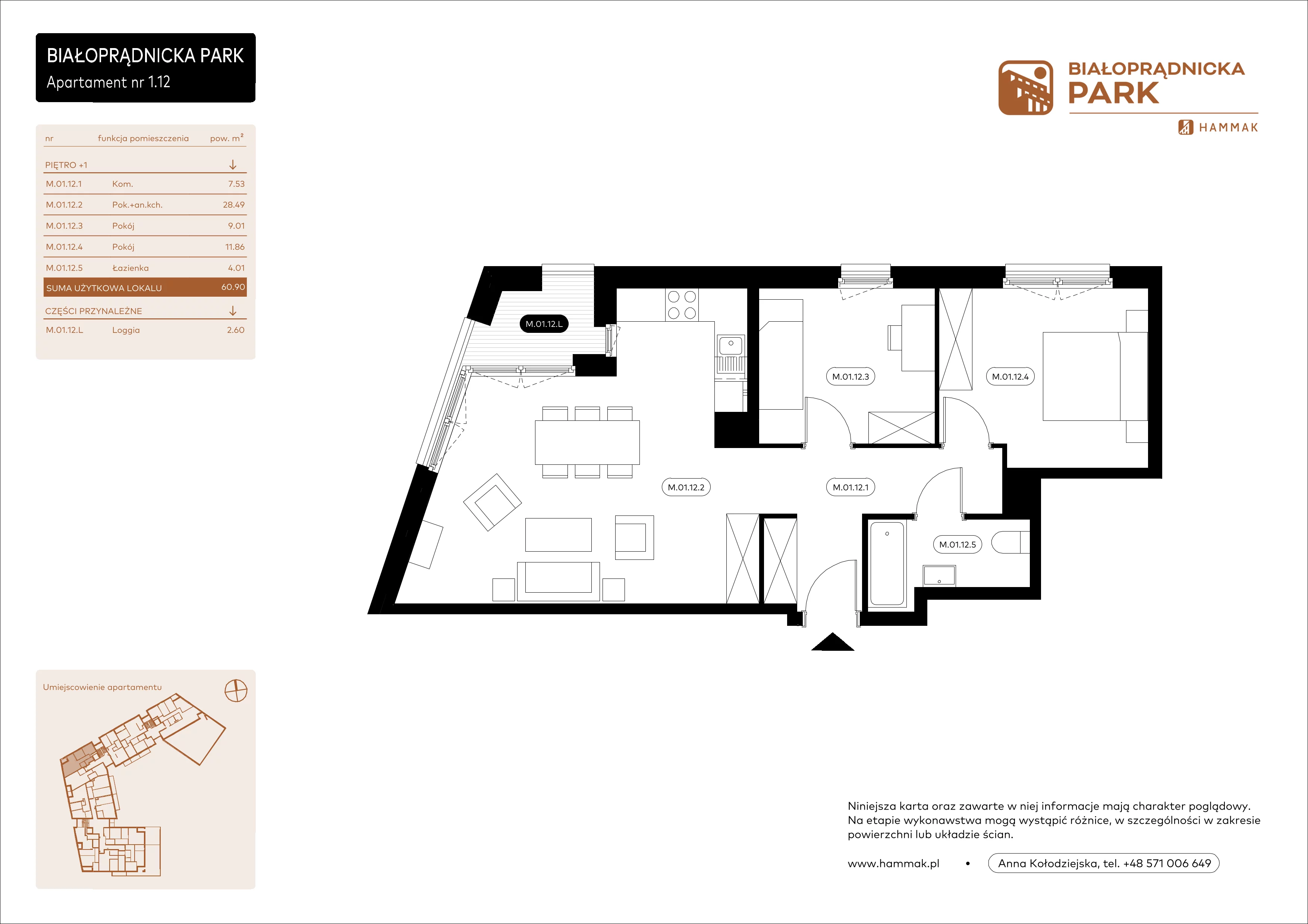 3 pokoje, mieszkanie 60,90 m², piętro 1, oferta nr 1.12, Białoprądnicka Park, Kraków, Prądnik Biały, ul. Białoprądnicka 5