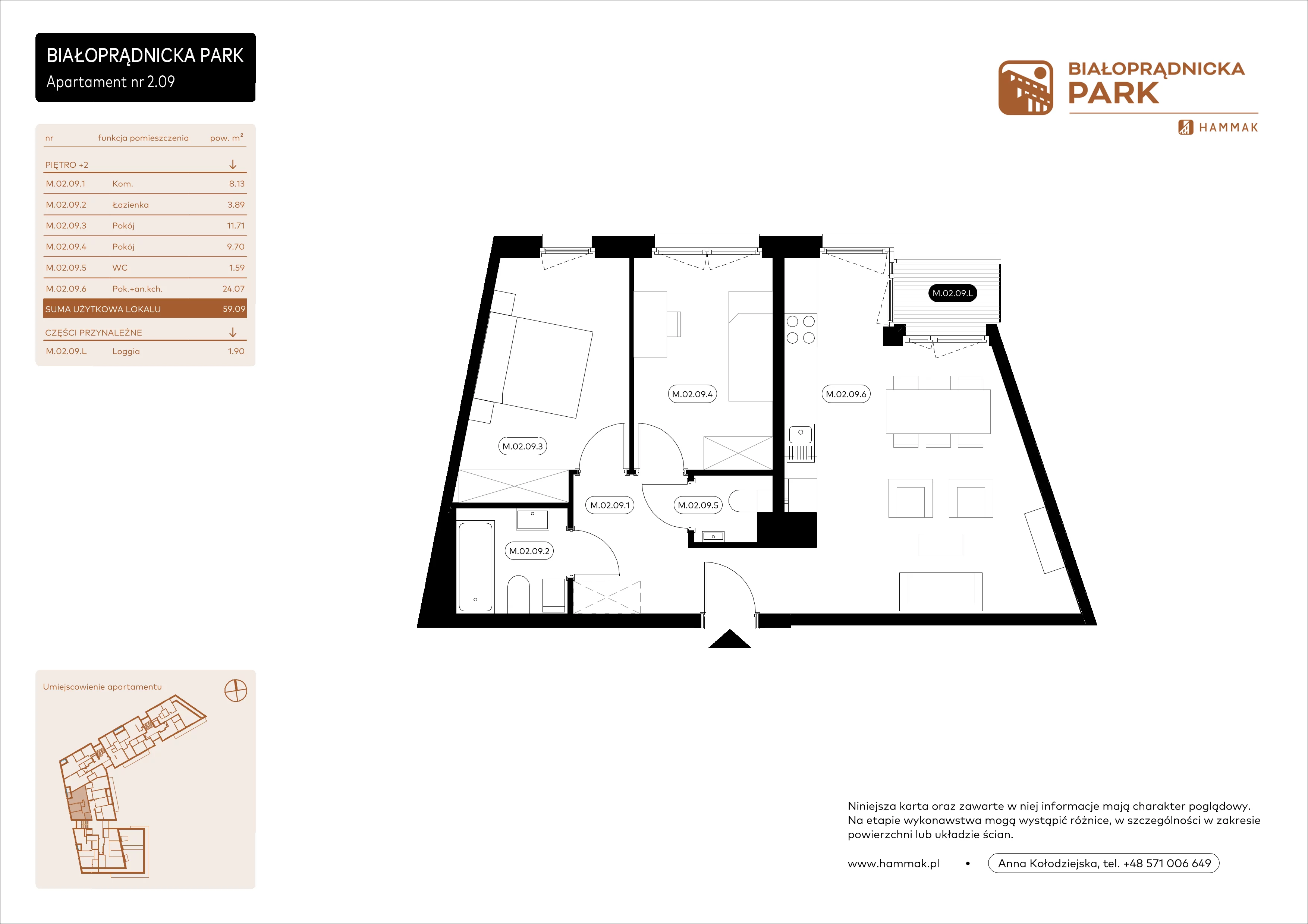 3 pokoje, mieszkanie 59,09 m², piętro 2, oferta nr 2.09, Białoprądnicka Park, Kraków, Prądnik Biały, ul. Białoprądnicka 5