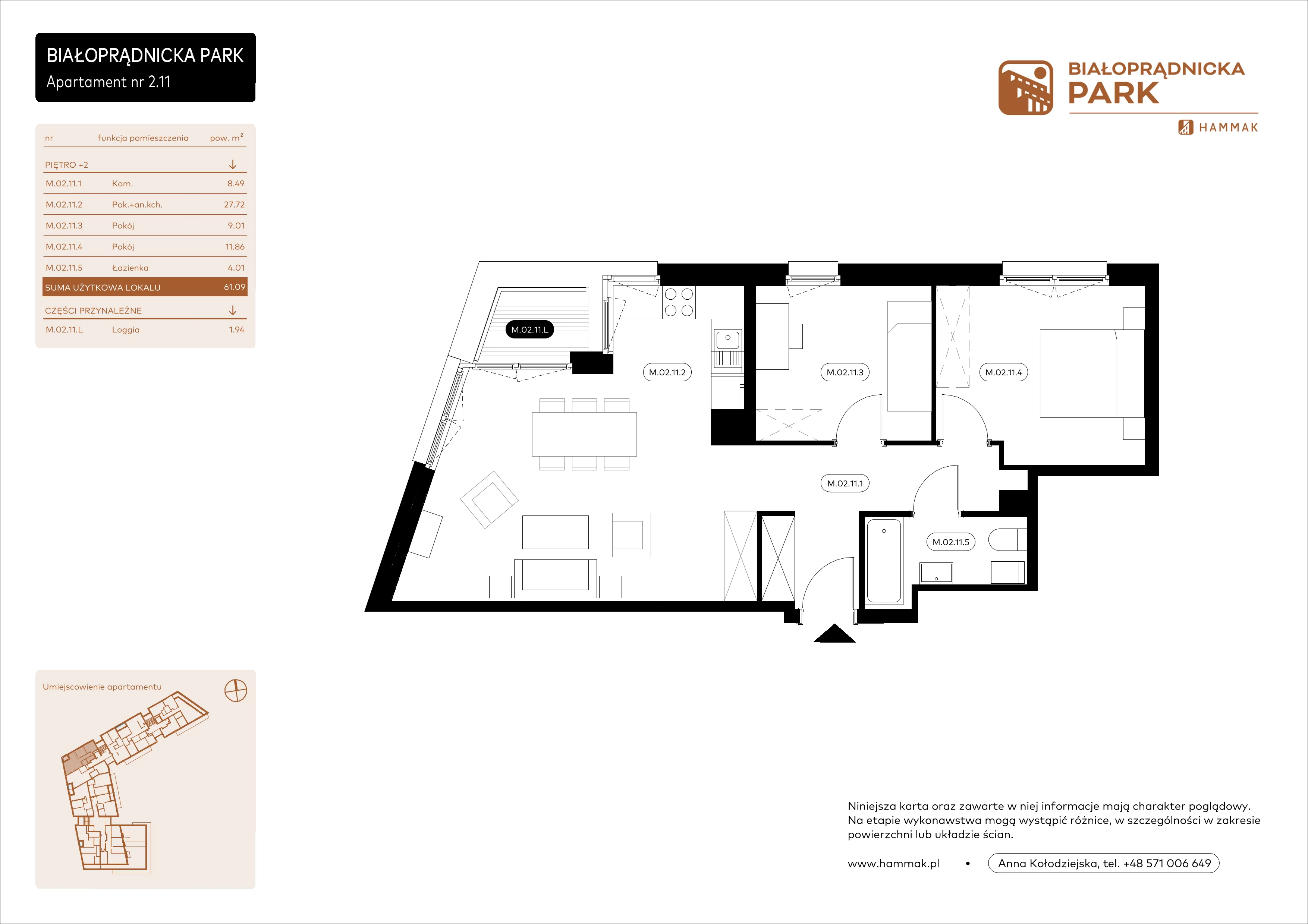 3 pokoje, mieszkanie 61,09 m², piętro 2, oferta nr 2.11, Białoprądnicka Park, Kraków, Prądnik Biały, ul. Białoprądnicka 5