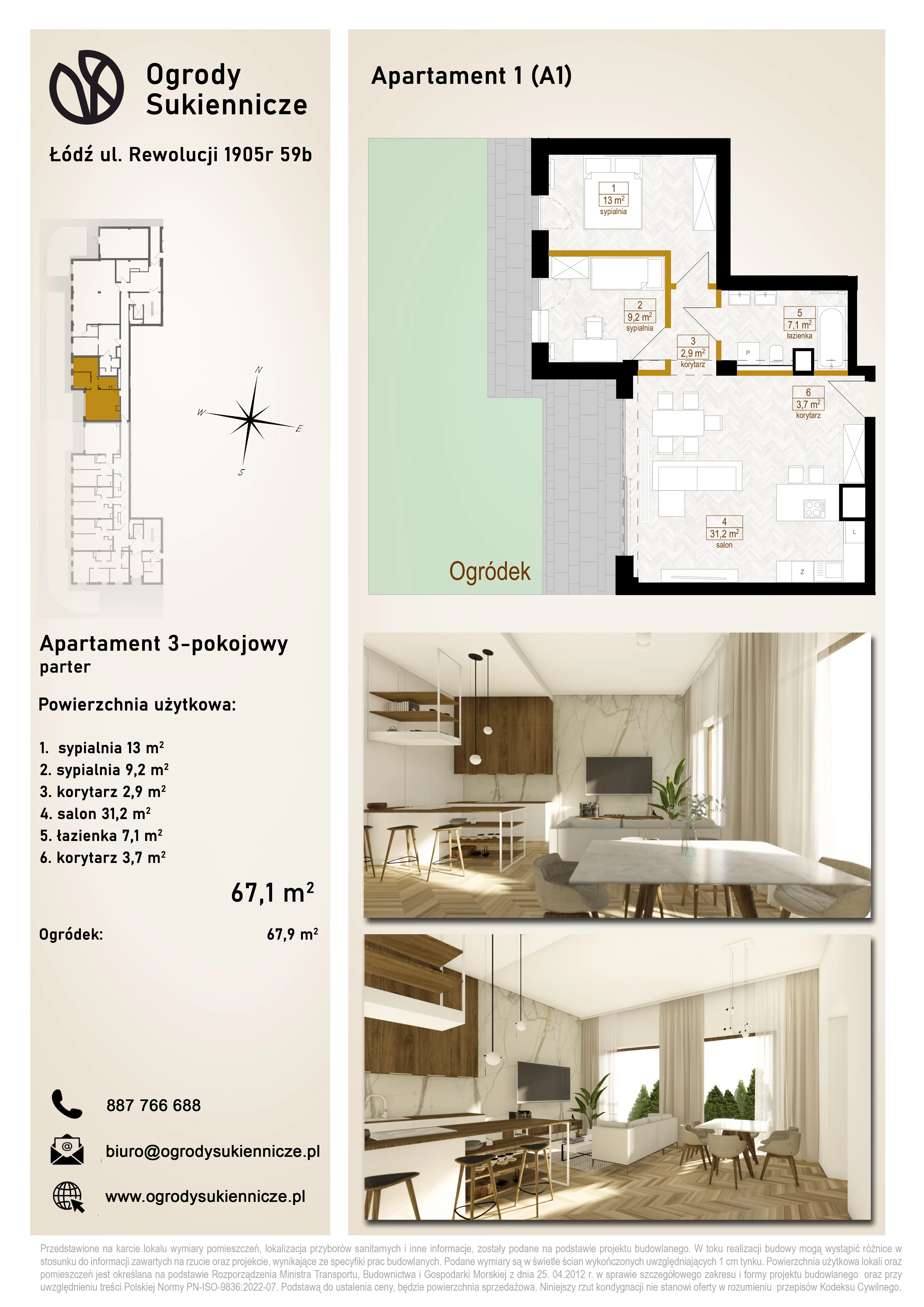3 pokoje, mieszkanie 67,10 m², parter, oferta nr 1, Ogrody Sukiennicze, Łódź, Śródmieście, ul. Rewolucji 1905r. 59B