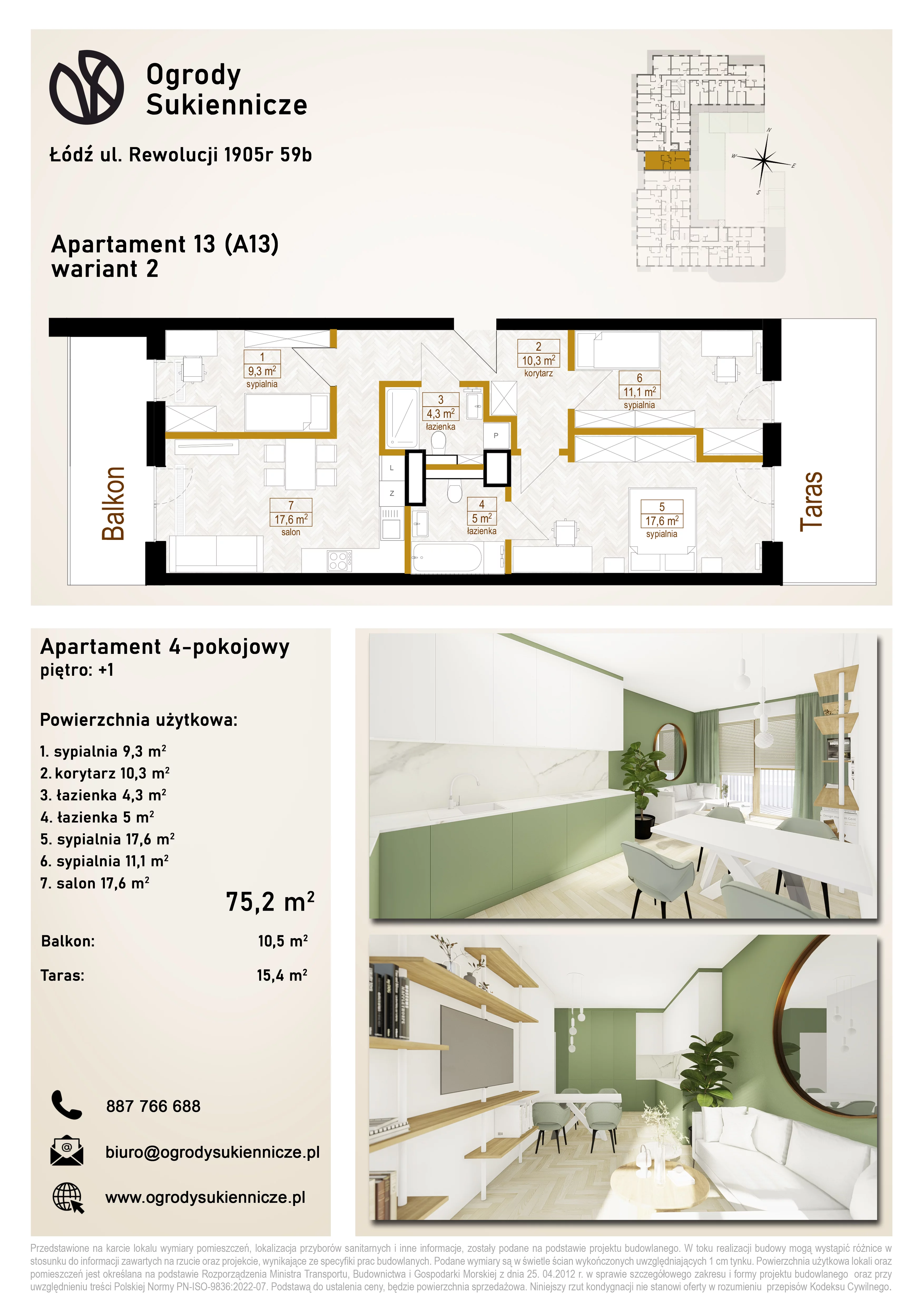 3 pokoje, mieszkanie 76,10 m², piętro 1, oferta nr 13, Ogrody Sukiennicze, Łódź, Śródmieście, ul. Rewolucji 1905r. 59B