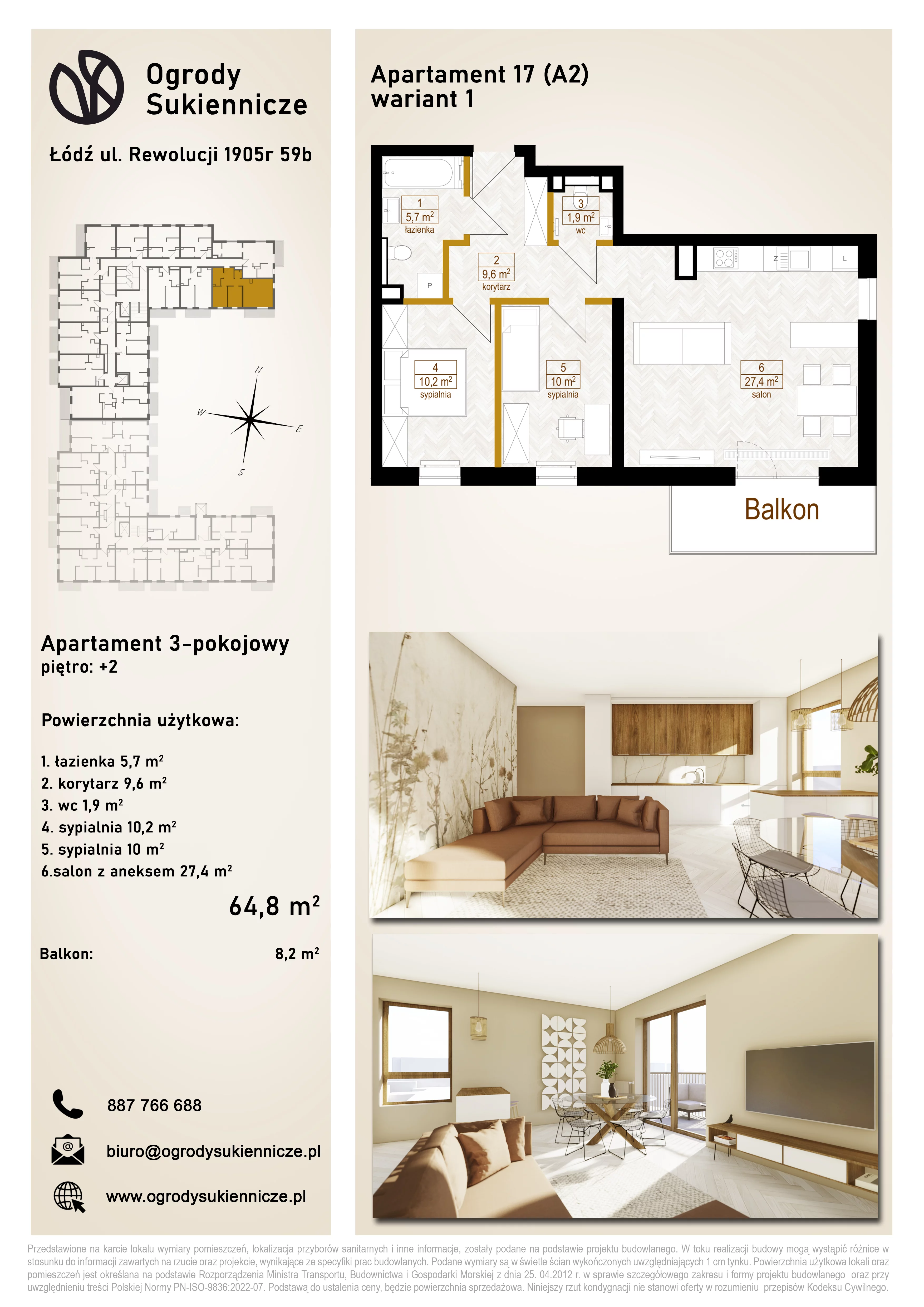 3 pokoje, mieszkanie 64,80 m², piętro 2, oferta nr 17, Ogrody Sukiennicze, Łódź, Śródmieście, ul. Rewolucji 1905r. 59B