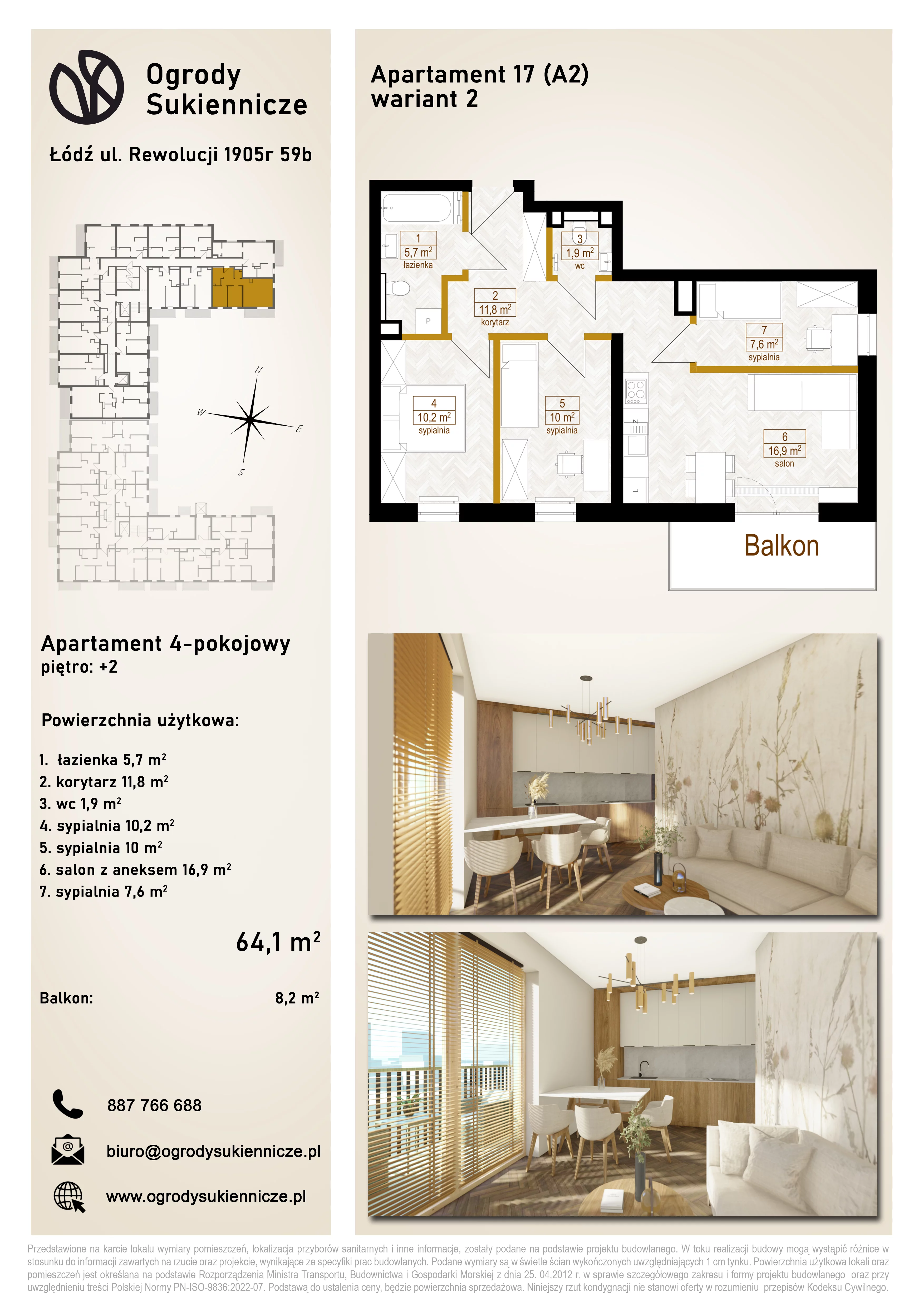 3 pokoje, mieszkanie 64,80 m², piętro 2, oferta nr 17, Ogrody Sukiennicze, Łódź, Śródmieście, ul. Rewolucji 1905r. 59B
