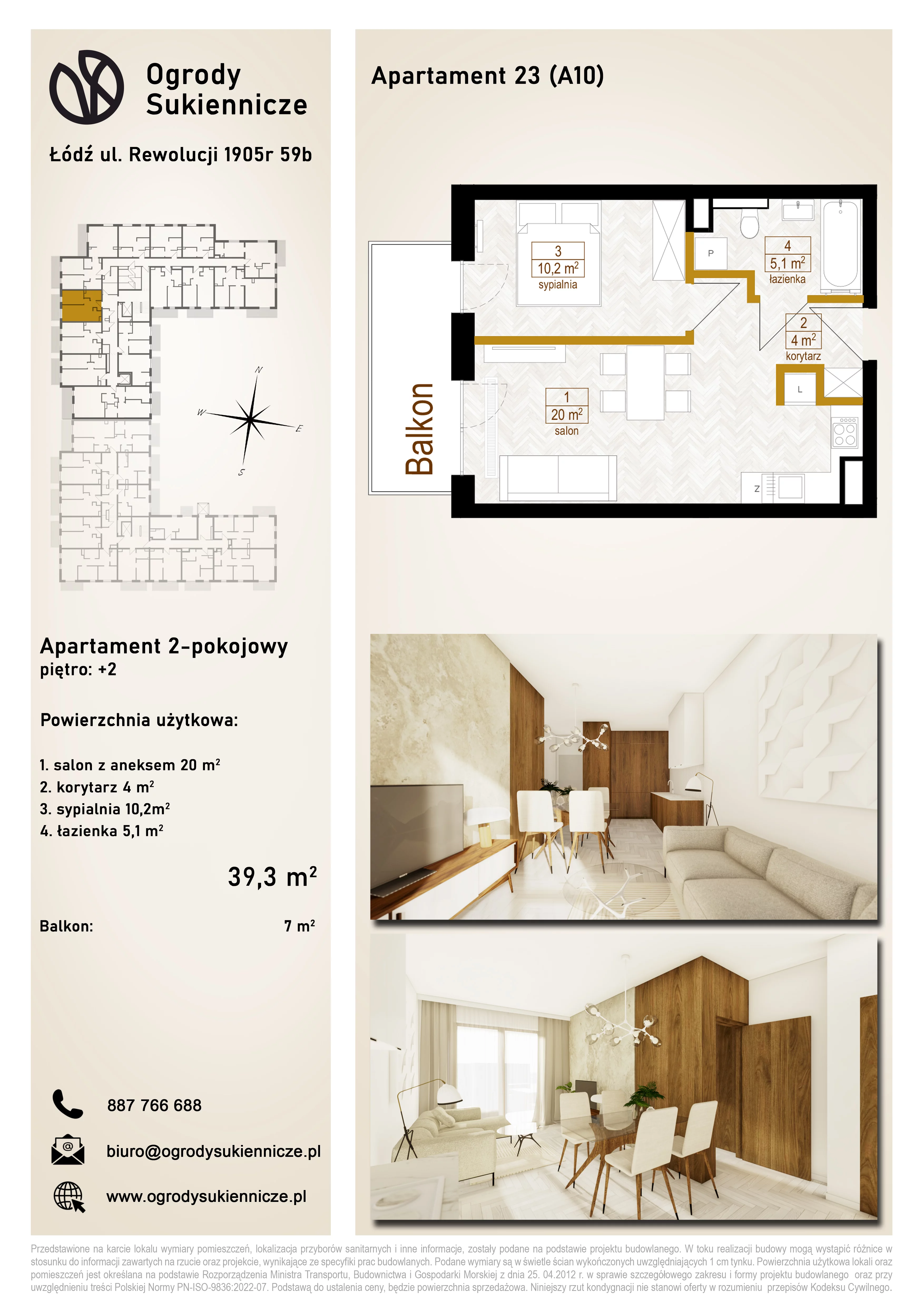 2 pokoje, mieszkanie 39,30 m², piętro 2, oferta nr 23, Ogrody Sukiennicze, Łódź, Śródmieście, ul. Rewolucji 1905r. 59B