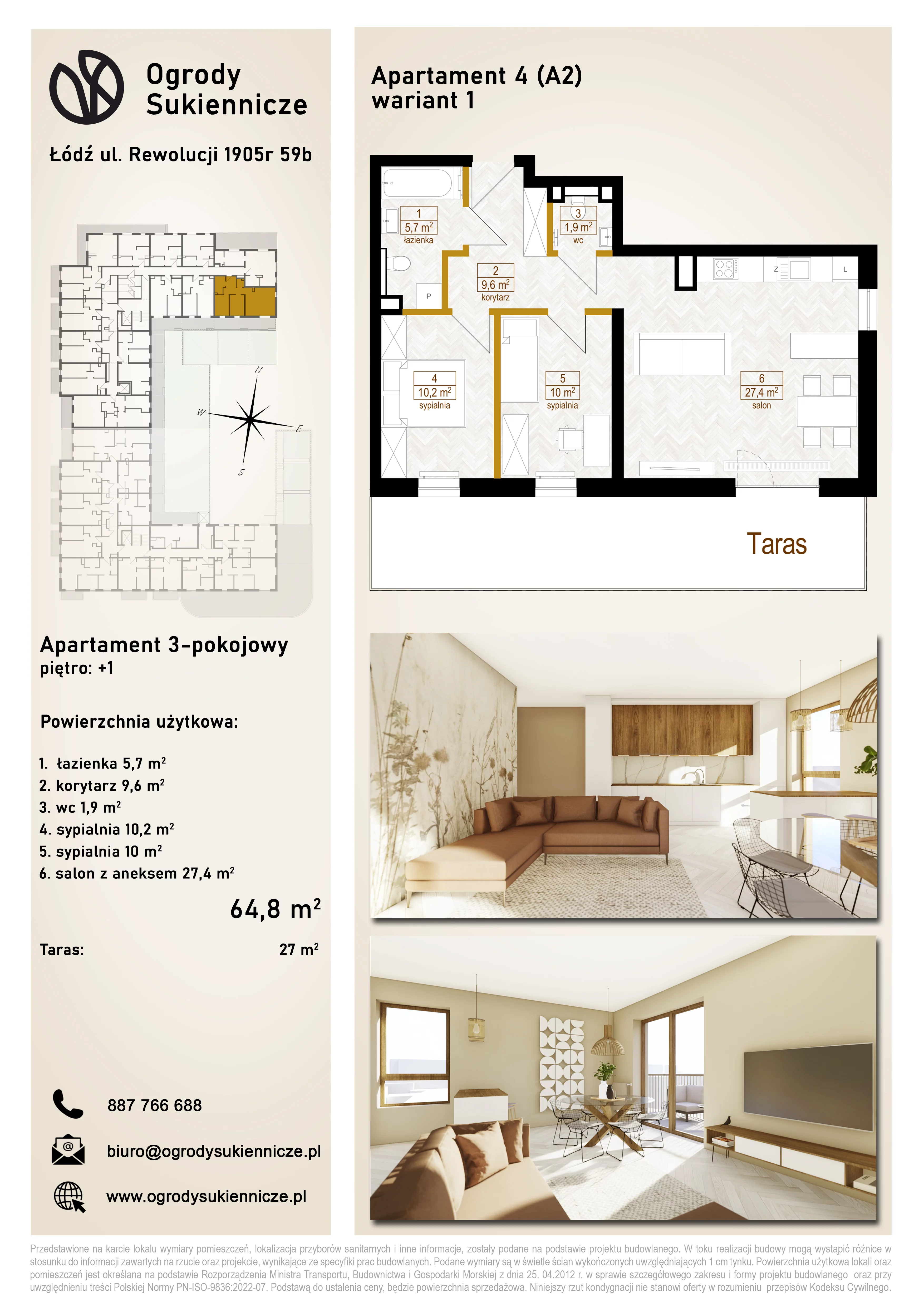3 pokoje, mieszkanie 64,80 m², piętro 1, oferta nr 4, Ogrody Sukiennicze, Łódź, Śródmieście, ul. Rewolucji 1905r. 59B
