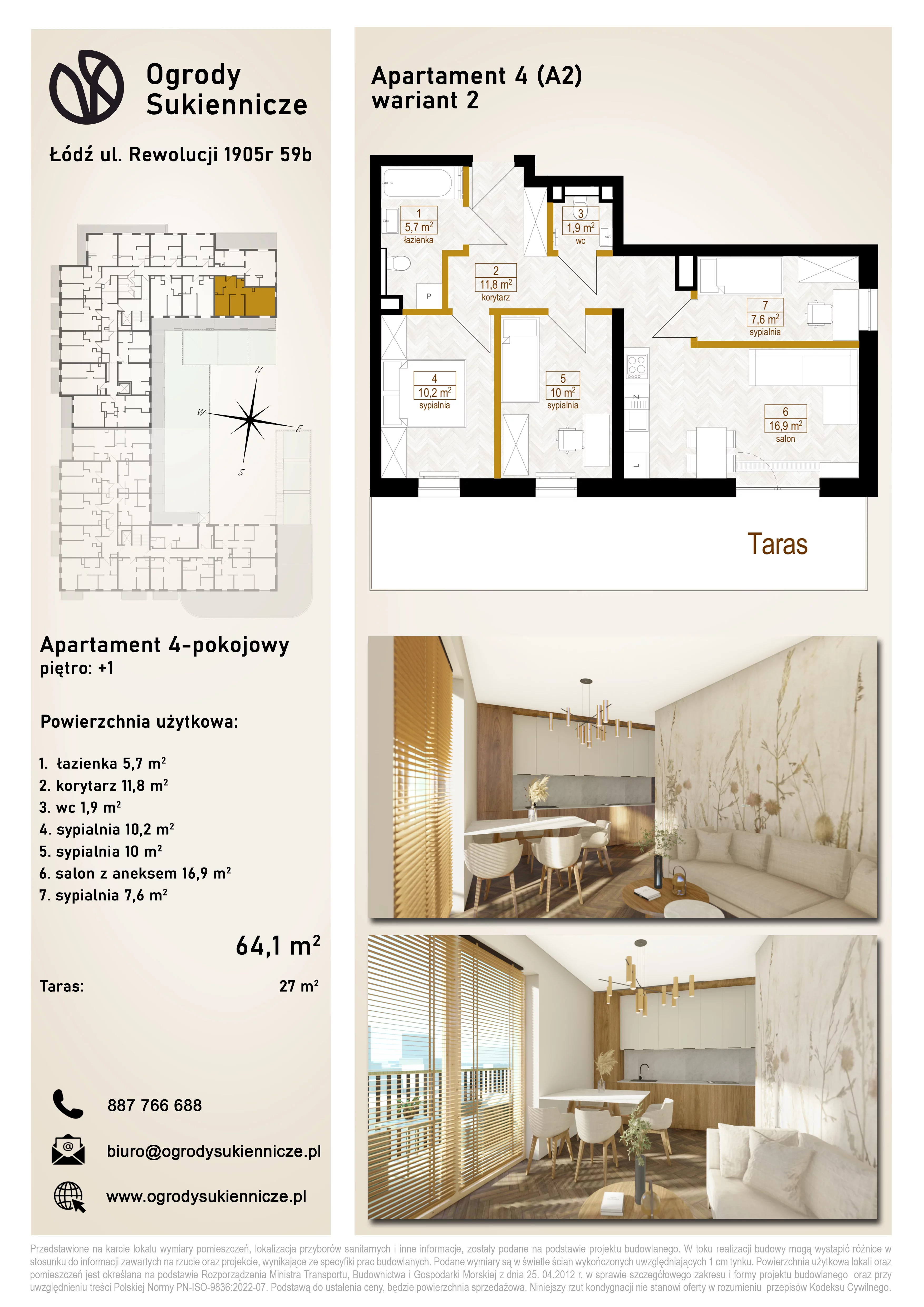 3 pokoje, mieszkanie 64,80 m², piętro 1, oferta nr 4, Ogrody Sukiennicze, Łódź, Śródmieście, ul. Rewolucji 1905r. 59B