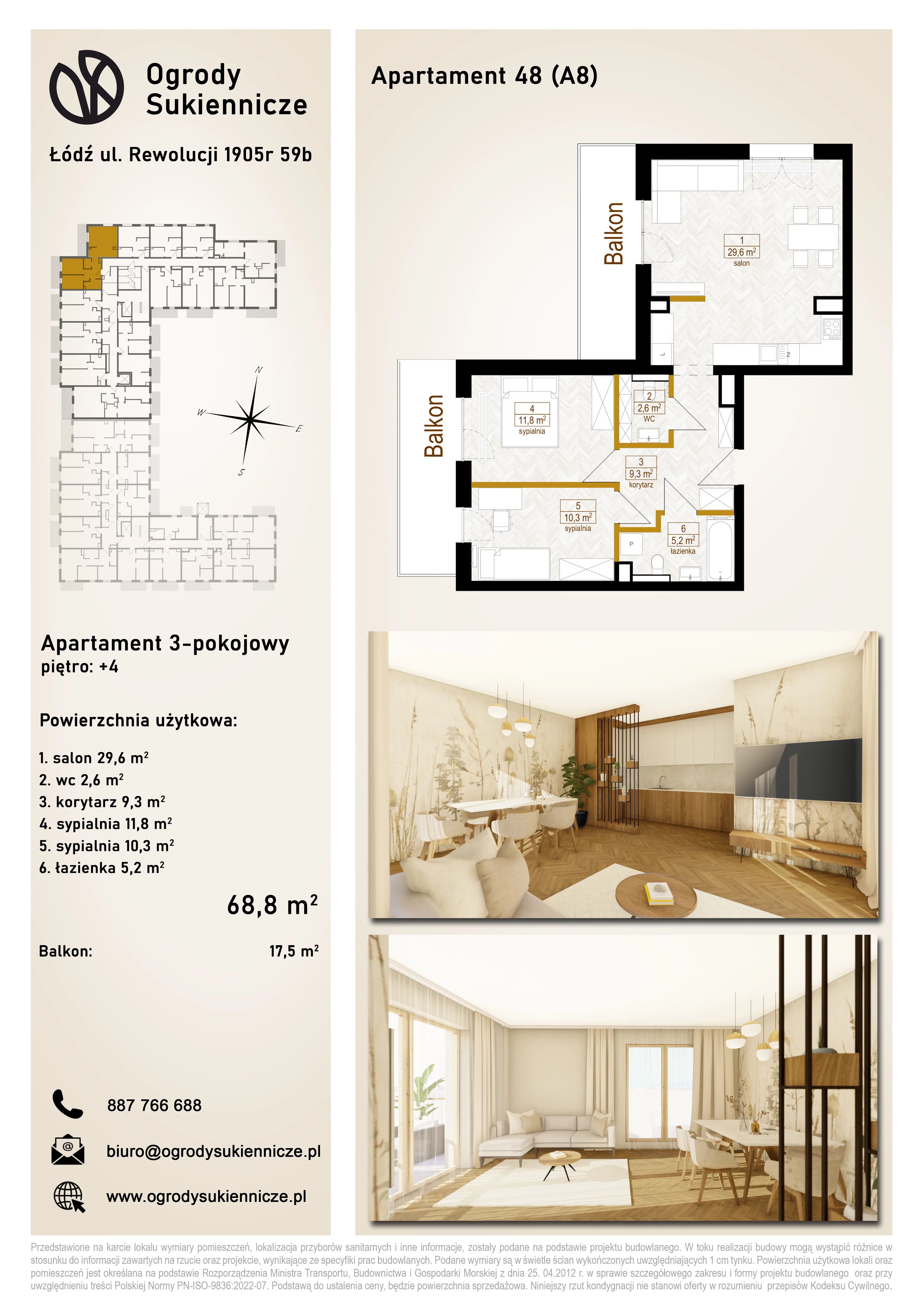 3 pokoje, mieszkanie 68,80 m², piętro 4, oferta nr 48, Ogrody Sukiennicze, Łódź, Śródmieście, ul. Rewolucji 1905r. 59B
