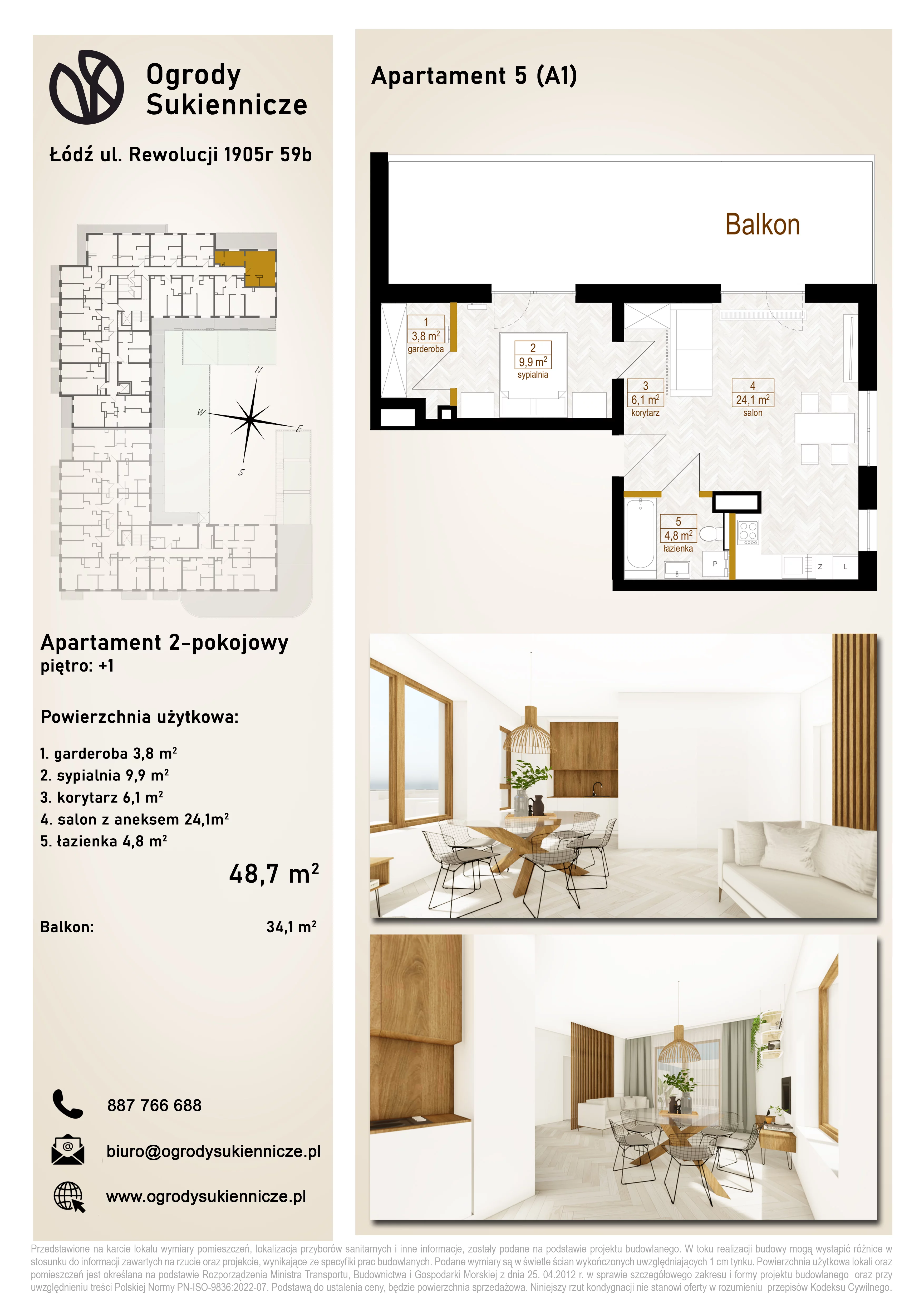 2 pokoje, mieszkanie 48,70 m², piętro 1, oferta nr 5, Ogrody Sukiennicze, Łódź, Śródmieście, ul. Rewolucji 1905r. 59B