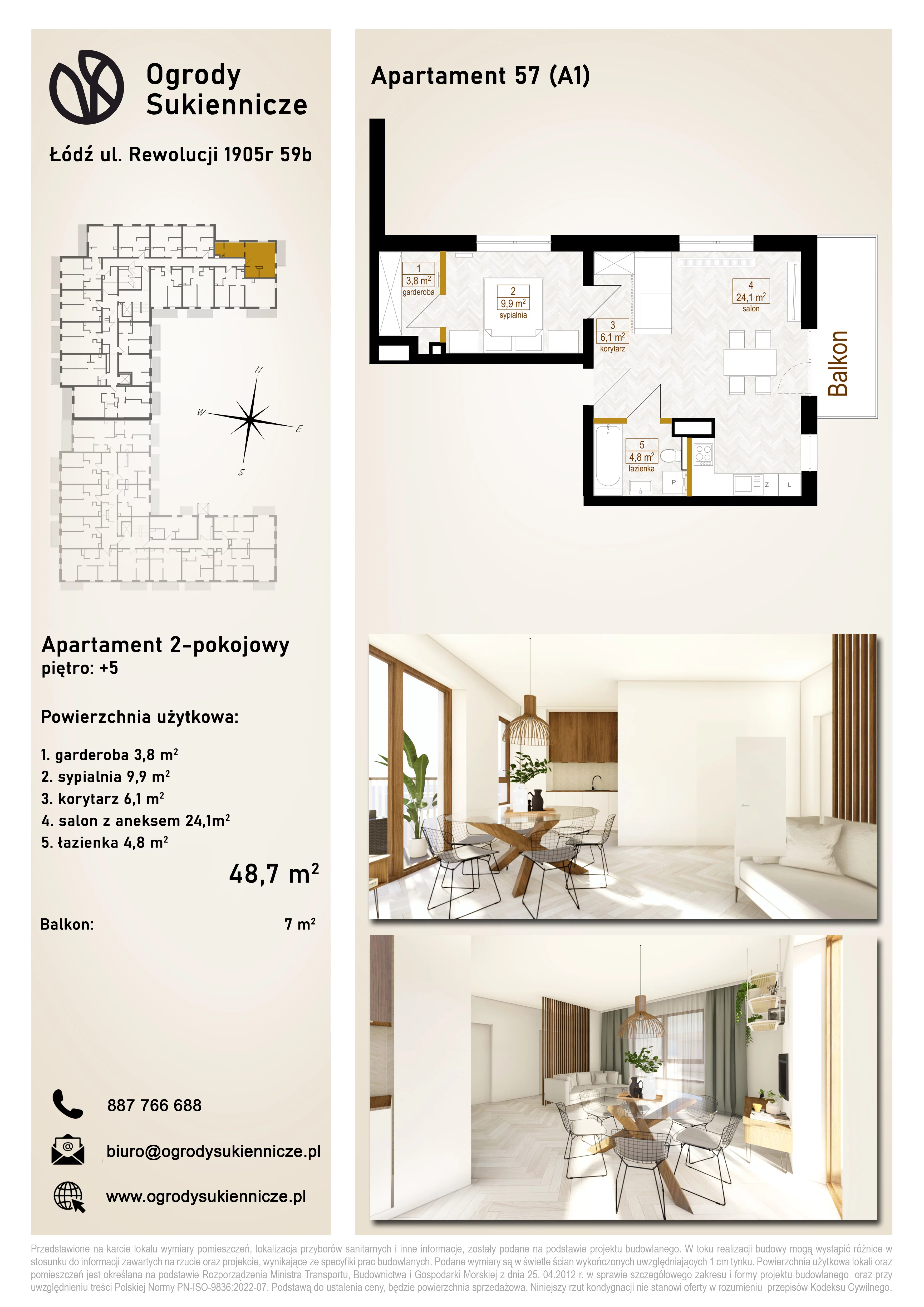 3 pokoje, mieszkanie 64,80 m², piętro 5, oferta nr 56, Ogrody Sukiennicze, Łódź, Śródmieście, ul. Rewolucji 1905r. 59B