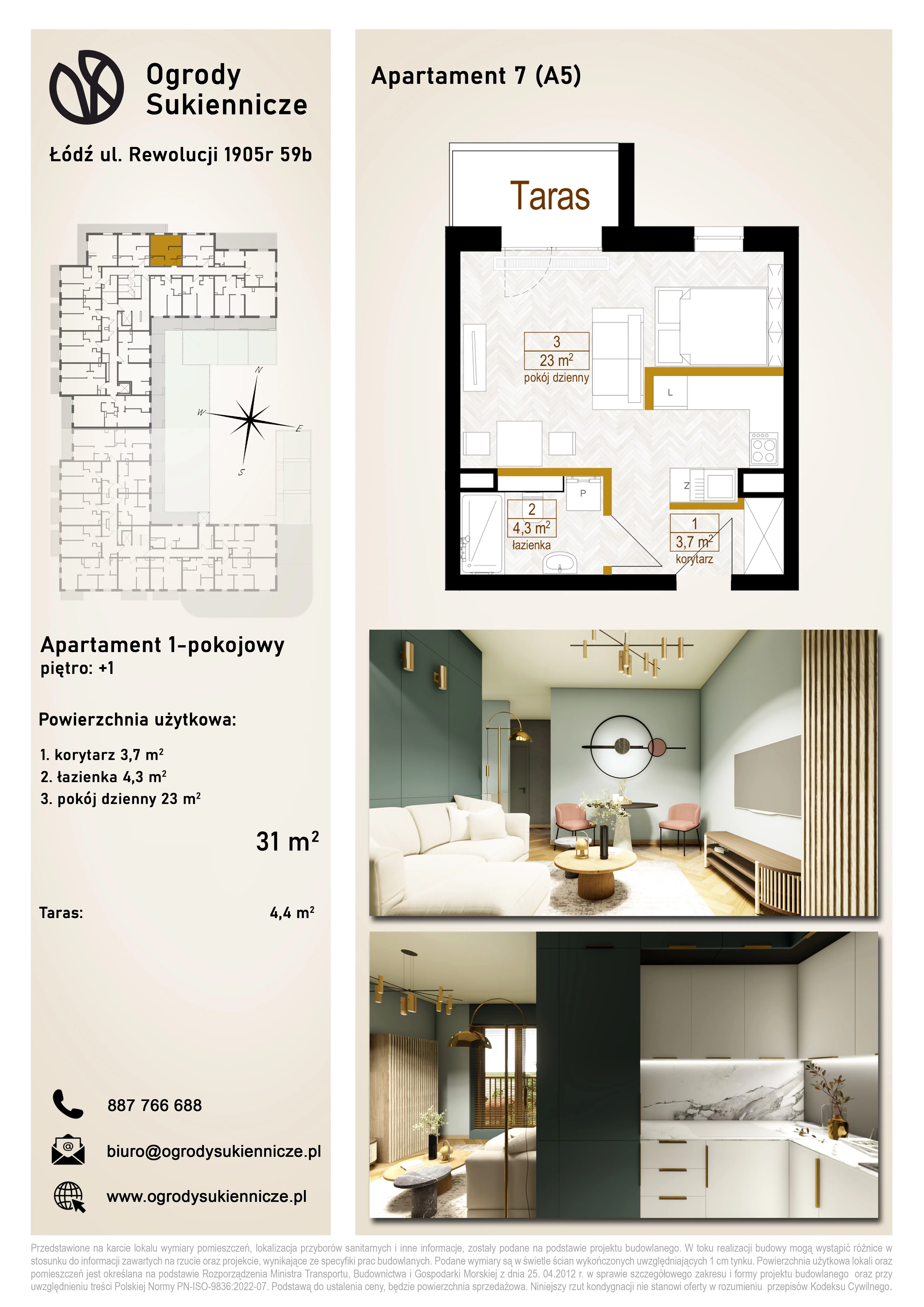1 pokój, mieszkanie 31,00 m², piętro 1, oferta nr 7, Ogrody Sukiennicze, Łódź, Śródmieście, ul. Rewolucji 1905r. 59B