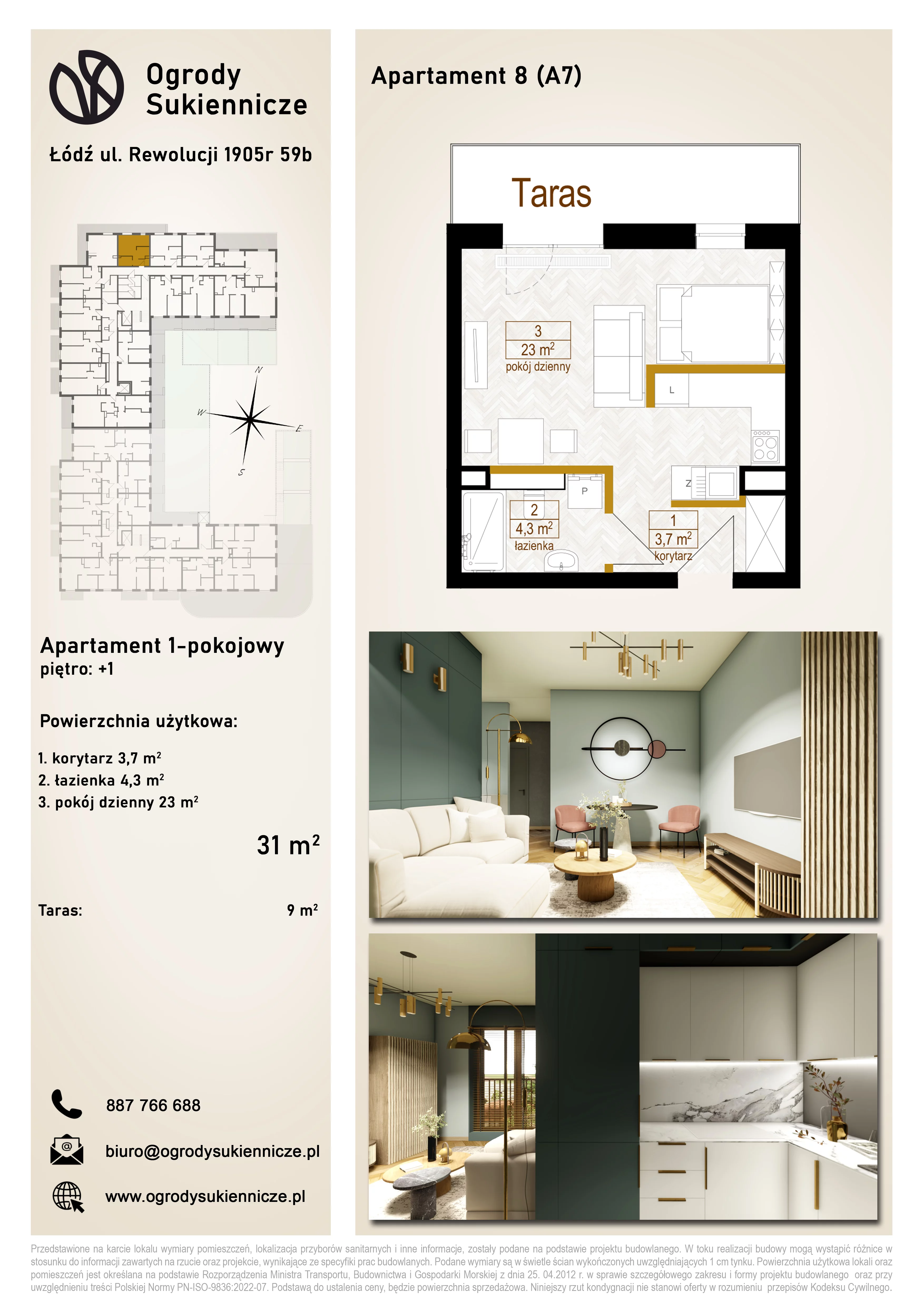 1 pokój, mieszkanie 31,00 m², piętro 1, oferta nr 8, Ogrody Sukiennicze, Łódź, Śródmieście, ul. Rewolucji 1905r. 59B