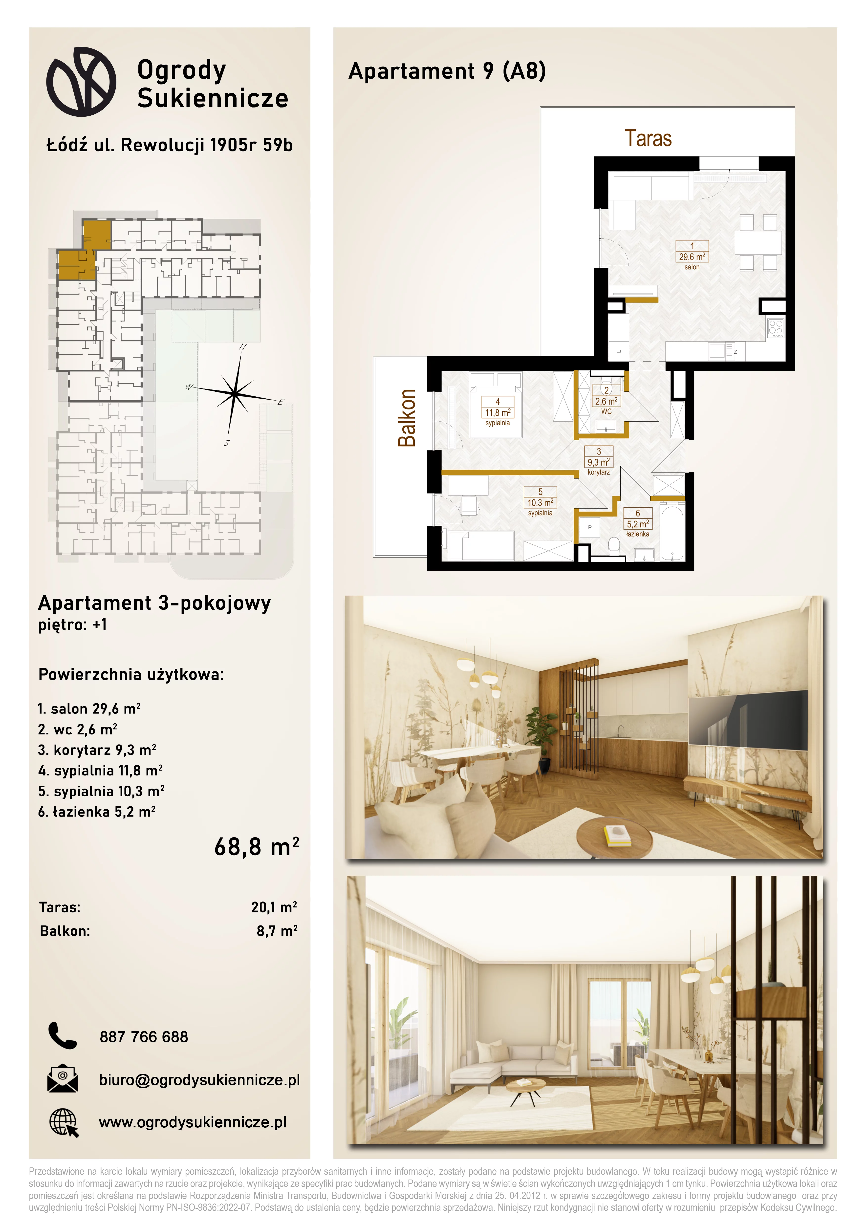 3 pokoje, mieszkanie 68,80 m², piętro 1, oferta nr 9, Ogrody Sukiennicze, Łódź, Śródmieście, ul. Rewolucji 1905r. 59B